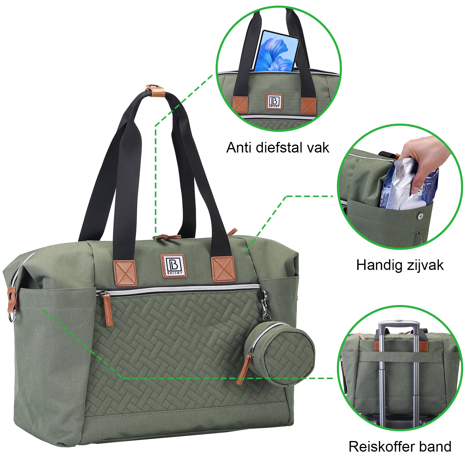 Brisby Wear-resistant Diaper Bag - Nursing Bag Large - Green - Including Changing Mat - Insulated Pockets - Pacifier Holder - Easy to Attach to the Stroller