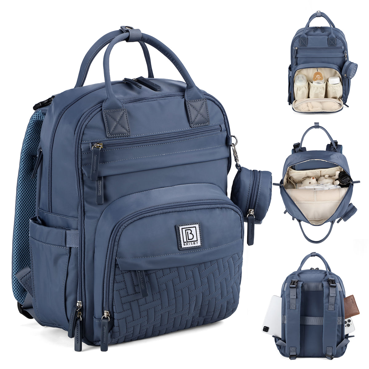 Brisby Premium Luiertas – Uitgebreide en Functionele Verzorgingstas – met buggymontage – Anti Diefstal Vakken - Reistrolley Sleeve - Inclusief verschoonmatje t.w.v.15,99 euro en speenhouder - Levenslange Garantie - Nordic Blue