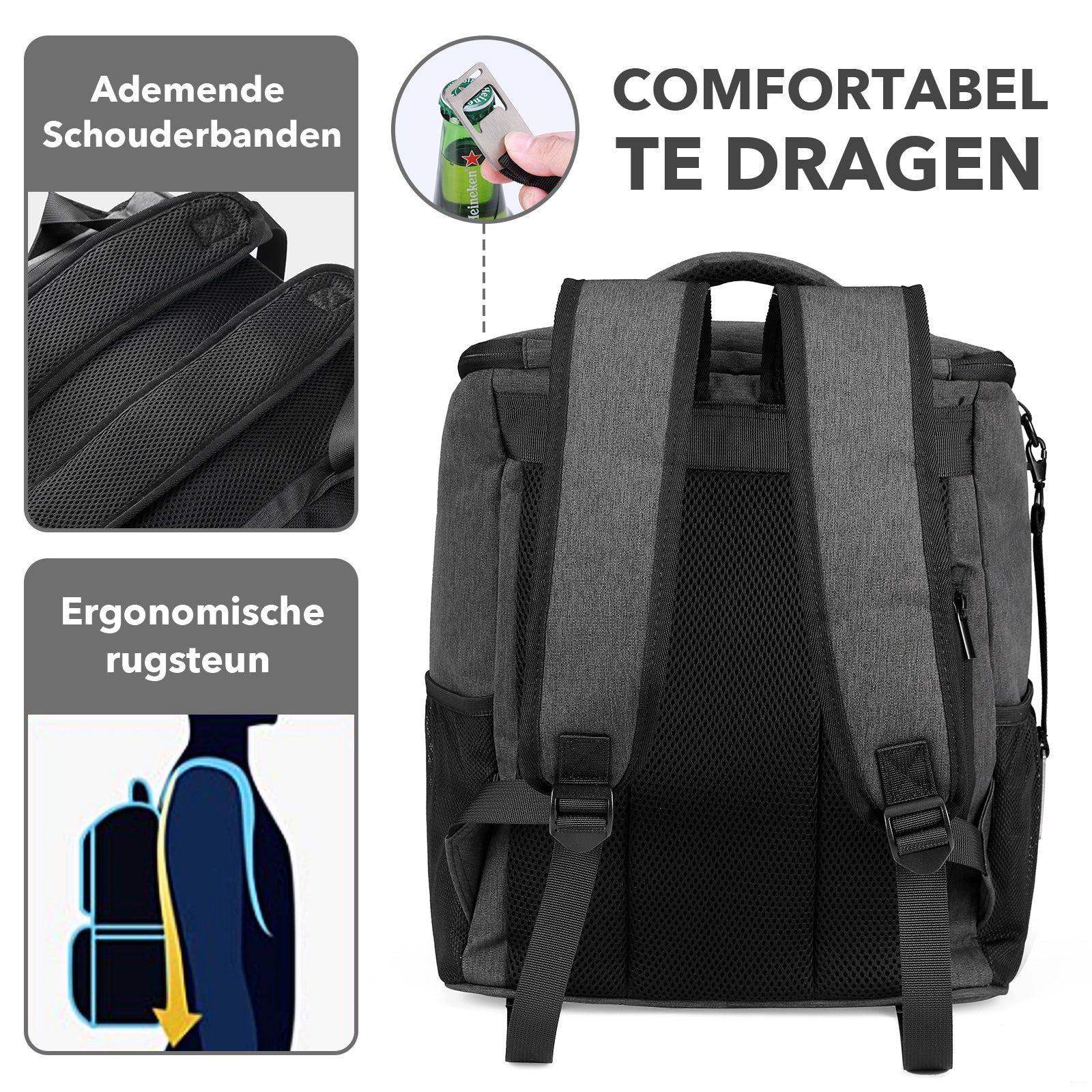 Koeltas rugzak 25L grijs - Waterafstotend - anti diefstal vak - 4 laags geïsoleerd - Incl. 2 gratis koelelementen en gratis flessenopener