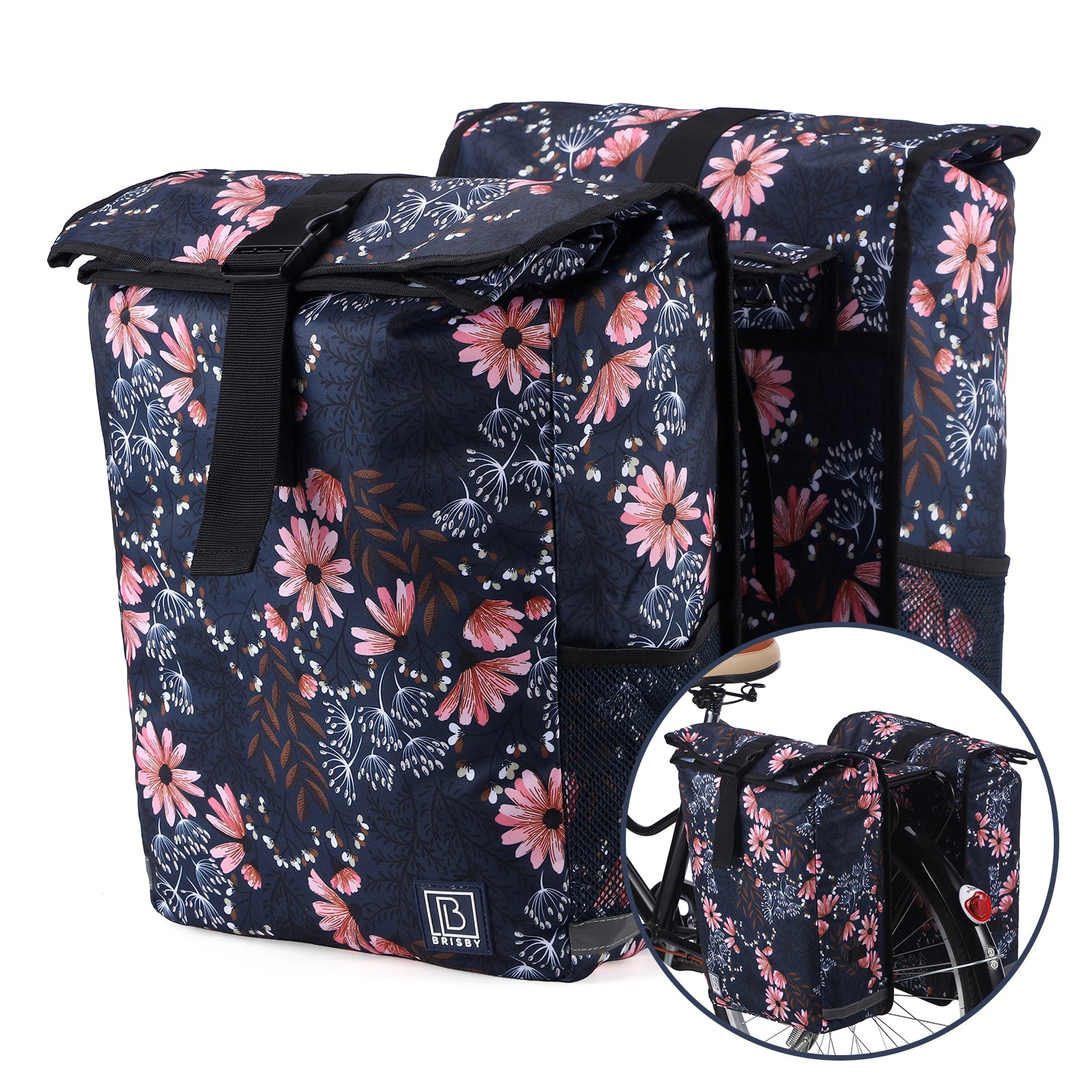 Brisby Dubbele Fietstas Rolltop Zwart 39-48L Waterdicht Geschikt voor Elektrische Fietsen & E-Bike - Japanese Flower