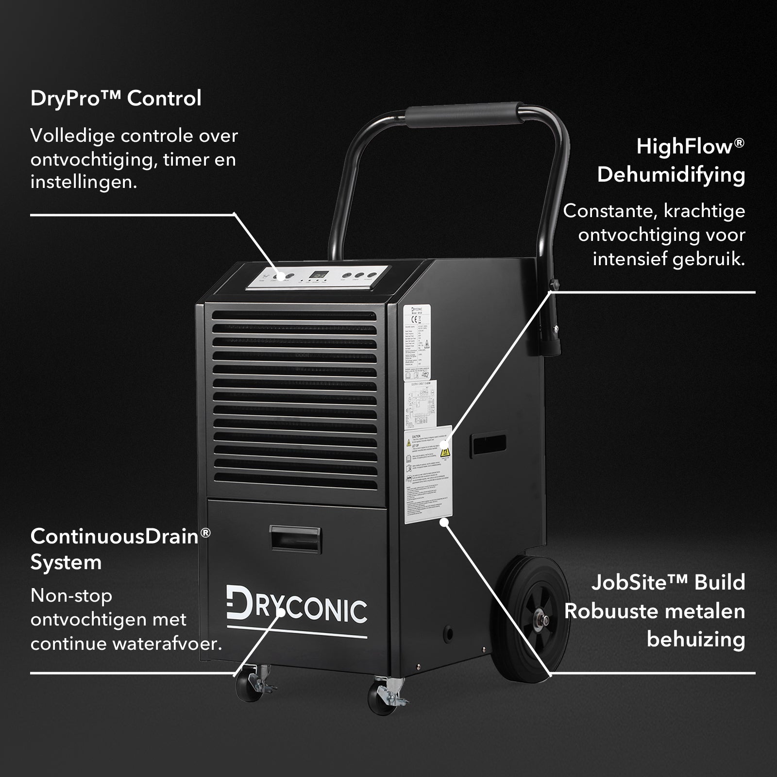 Dryconic luchtontvochtiger 50L - professionele bouwdroger - continue afvoer - 5,5L watertank