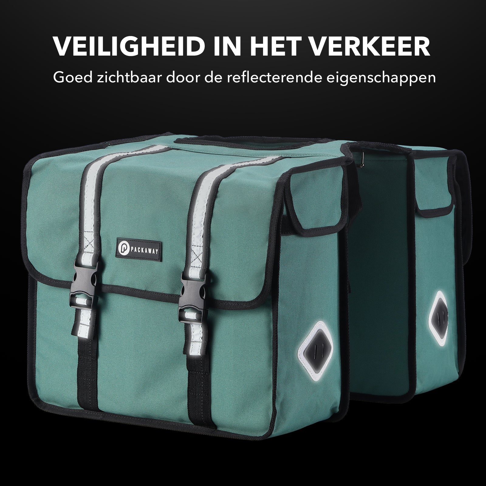 Packaway Dubbele Fietstas 36L groen - hoge zichtbaarheid - waterdicht