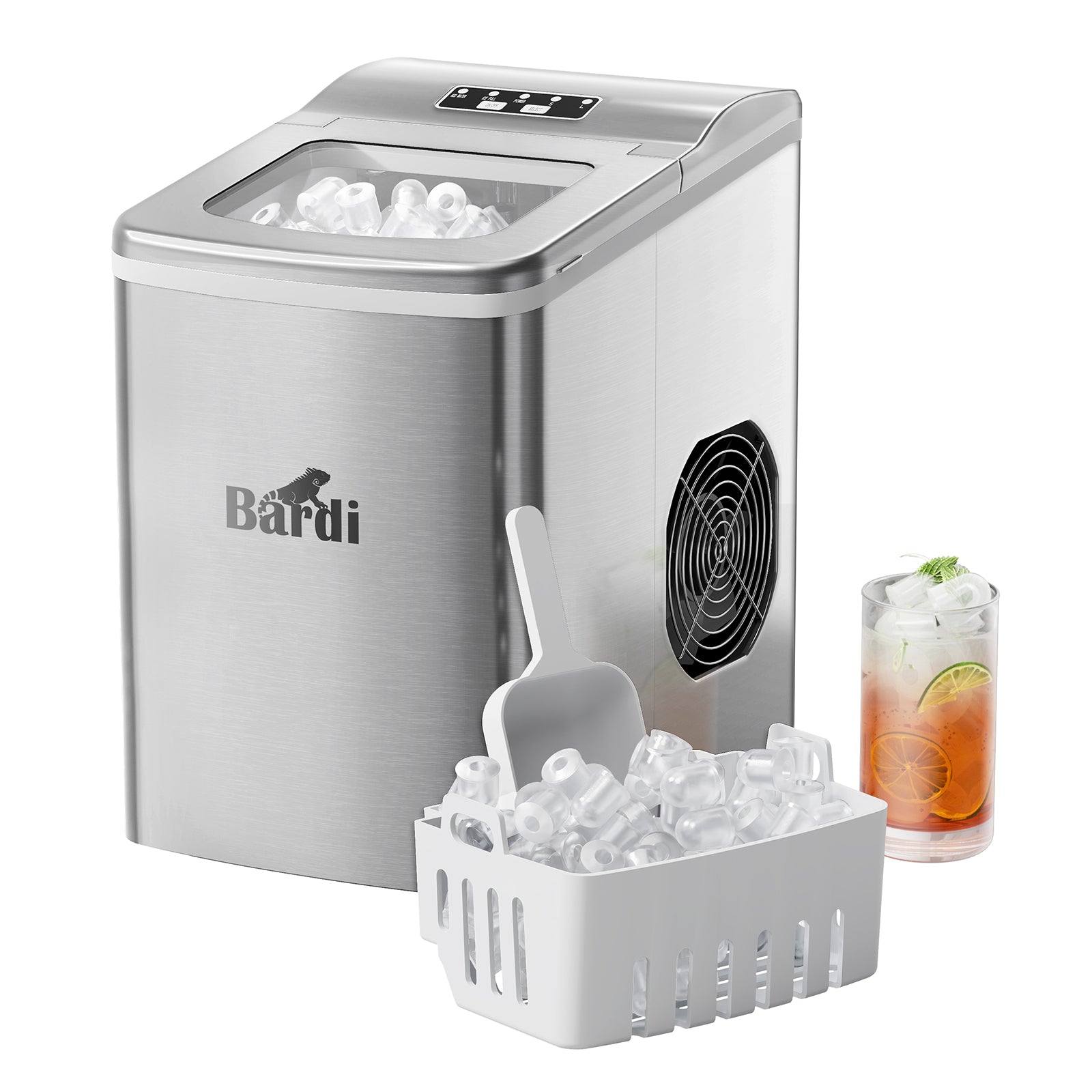 Bardi Deluxe Ice Cube Machine 2L Stainless Steel - Self-cleaning function - Ice cube maker with ice scoop - Incl. luxury thermos cup and ice scoop