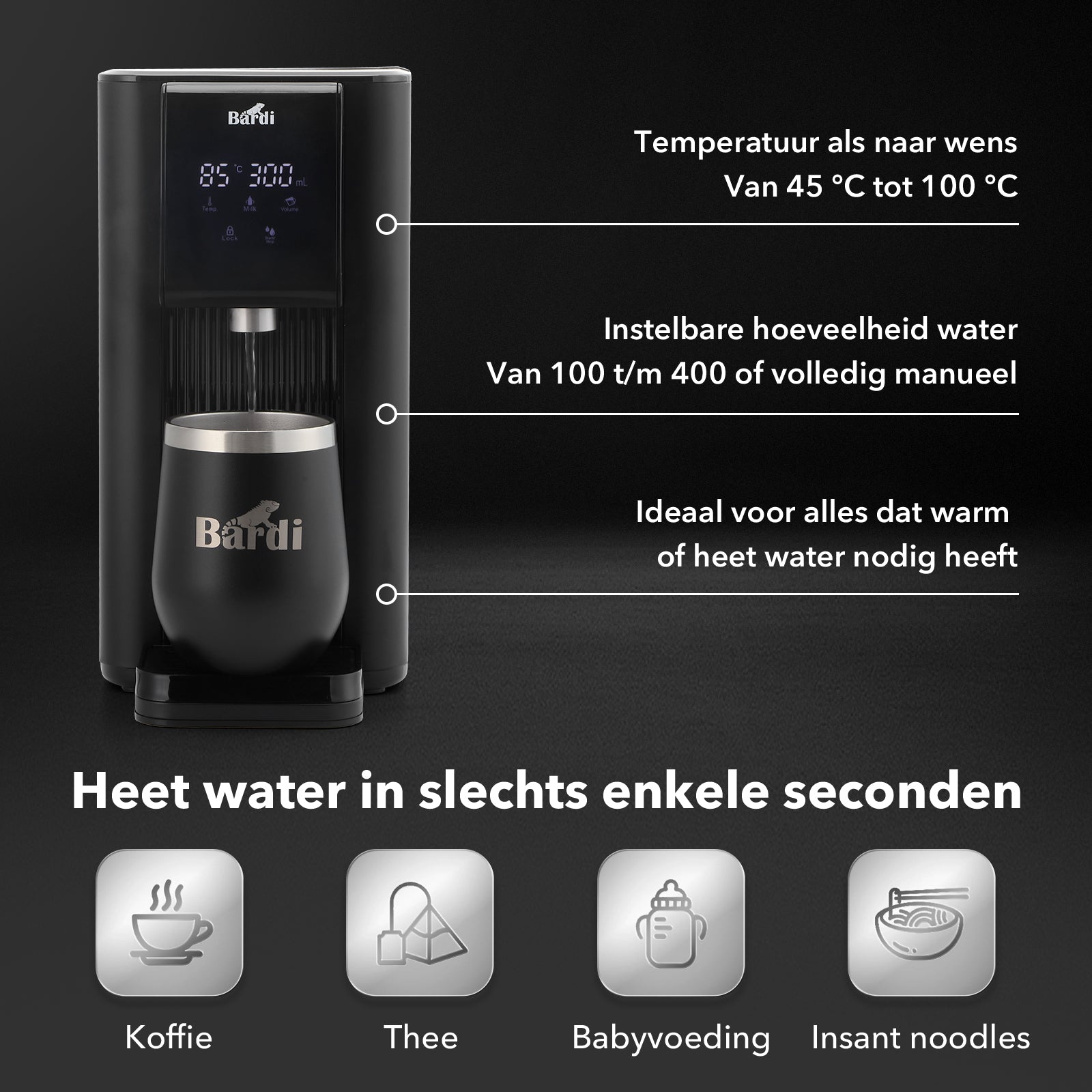 Bardi Heetwaterdispenser 2,6L set - incl. 3 thermoscups + onderzetter - instant-heating - 6 temperatuurstanden