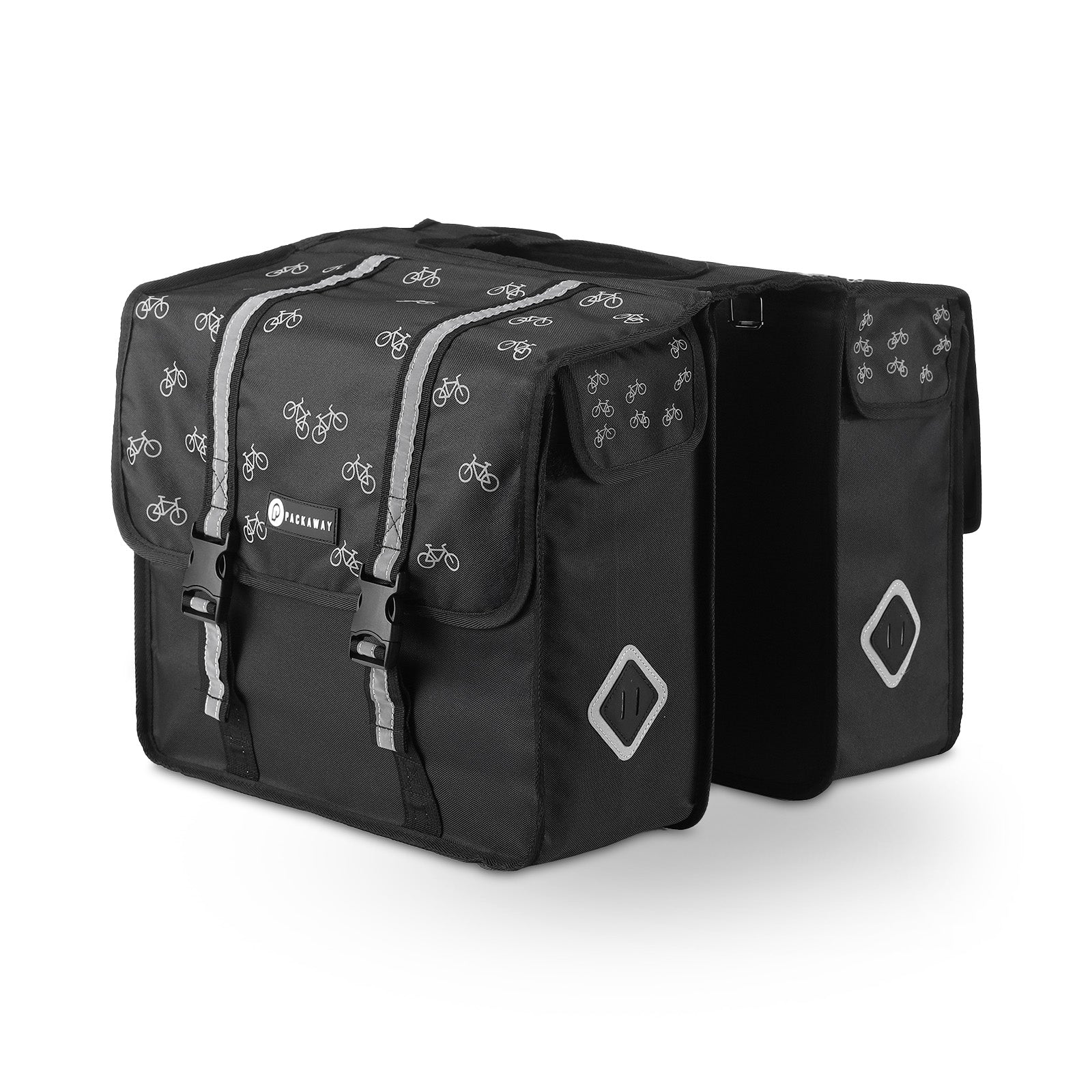 Packaway Double Panniers with Cooler Compartment - Removable Cooler Bag - Waterproof - Bicycle Pattern - 36L - Black