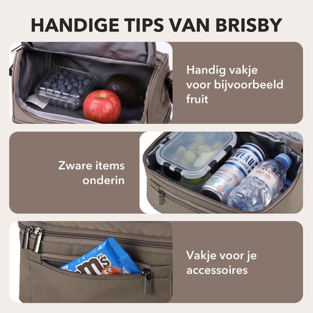 Brisby Koeltas Lunchtas 11 Liter – 4-Laags Geïsoleerd – Inclusief 2 Koelelementen – 2 Compartimenten – Schouderband – Tot 10 Uur Koel - Stone Greige