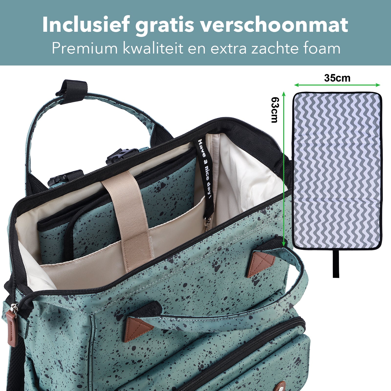Stayopen changing bag green dots - changing bag - stay-open frame - USB charging function - incl. buggy mounting and changing mat