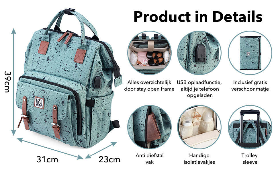 Stayopen changing bag green dots - changing bag - stay-open frame - USB charging function - incl. buggy mounting and changing mat