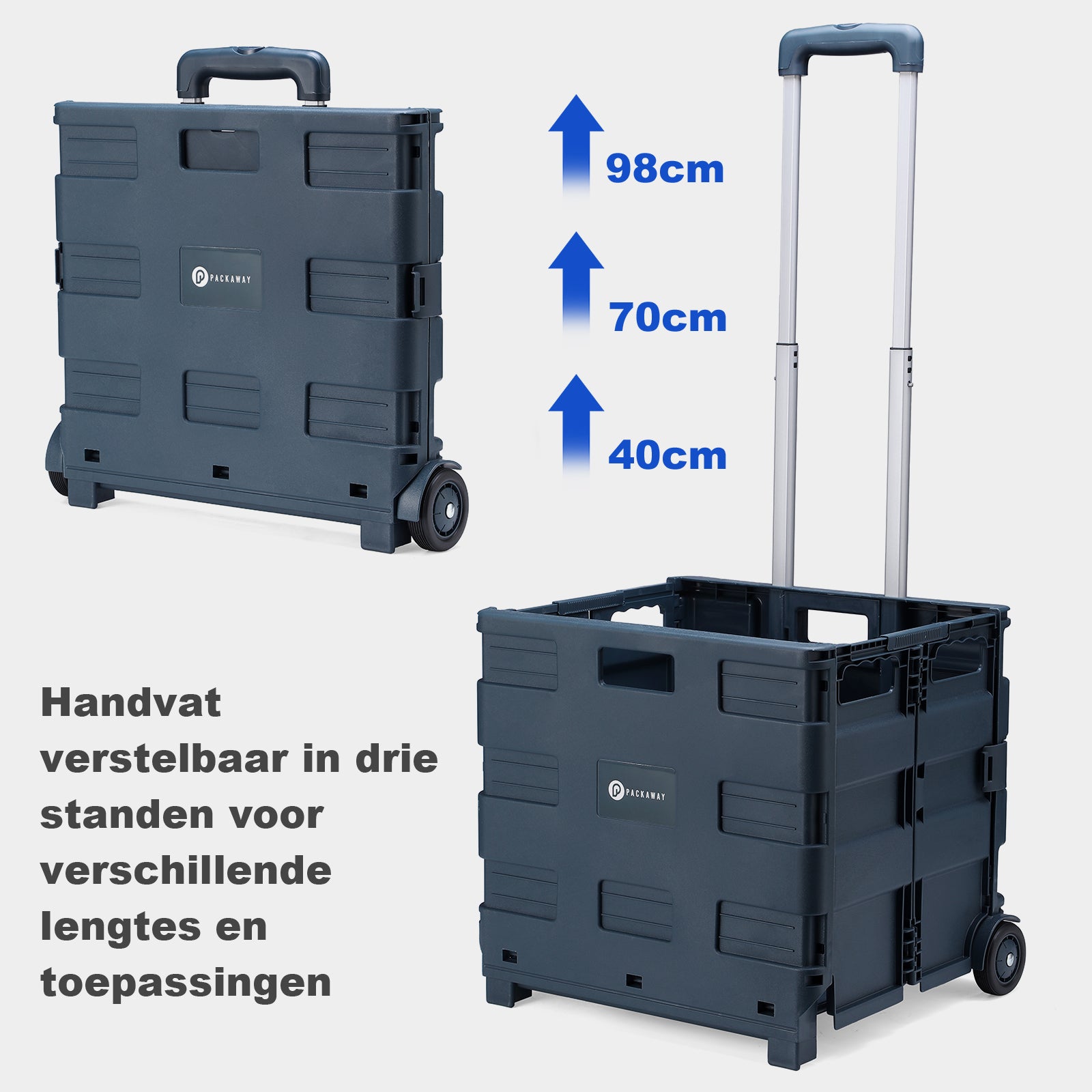 Packaway XL Foldable Shopping Trolley with wheels - Shopping crate - Storage box - Shopping trolley - Folding crate - 50 Liters - Blue