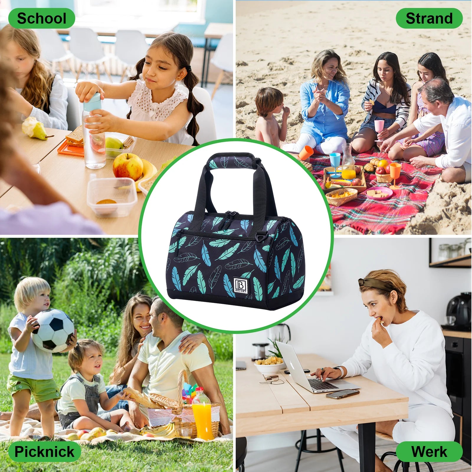 Cooler bag 10L black feathers - Lunch bag - 4-layer insulated - 2 free cooling elements - incl. shoulder strap