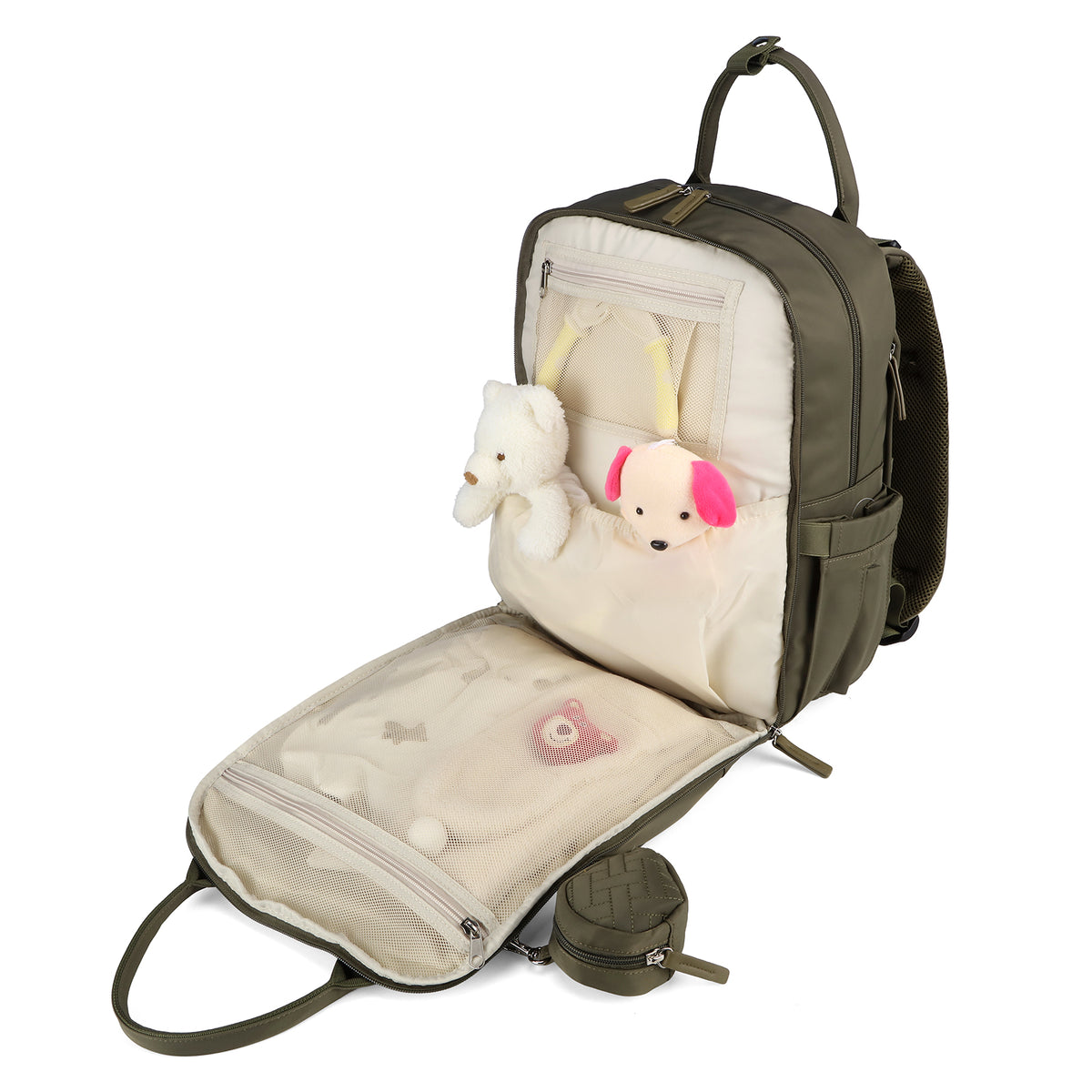 Brisby Premium Luiertas – Uitgebreide en Functionele Verzorgingstas – met buggymontage – Anti Diefstal Vakken - Reistrolley Sleeve - Inclusief verschoonmatje t.w.v.15,99 euro en speenhouder - Levenslange Garantie - Olive Green