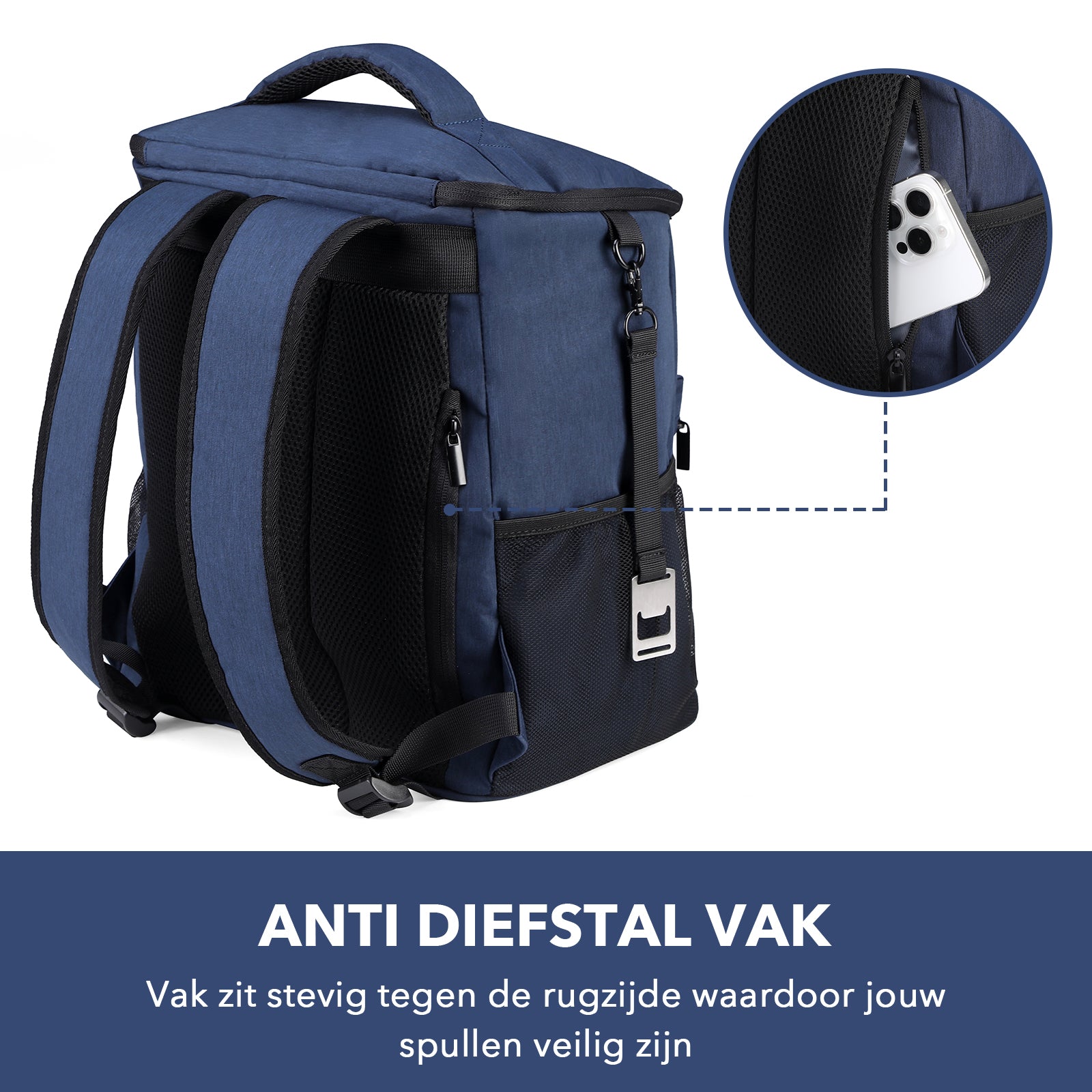 Koeltas rugzak 25L blauw - Waterafstotend - anti diefstal vak - 4 laags geïsoleerd - Incl. 2 gratis koelelementen en gratis flessenopener