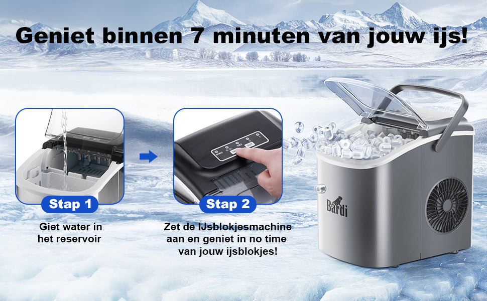 Bardi Deluxe Ice Cube Machine 1.2L Stainless Steel - Self-cleaning function - Ice cube maker with ice scoop - Incl. luxury thermos cup and ice scoop