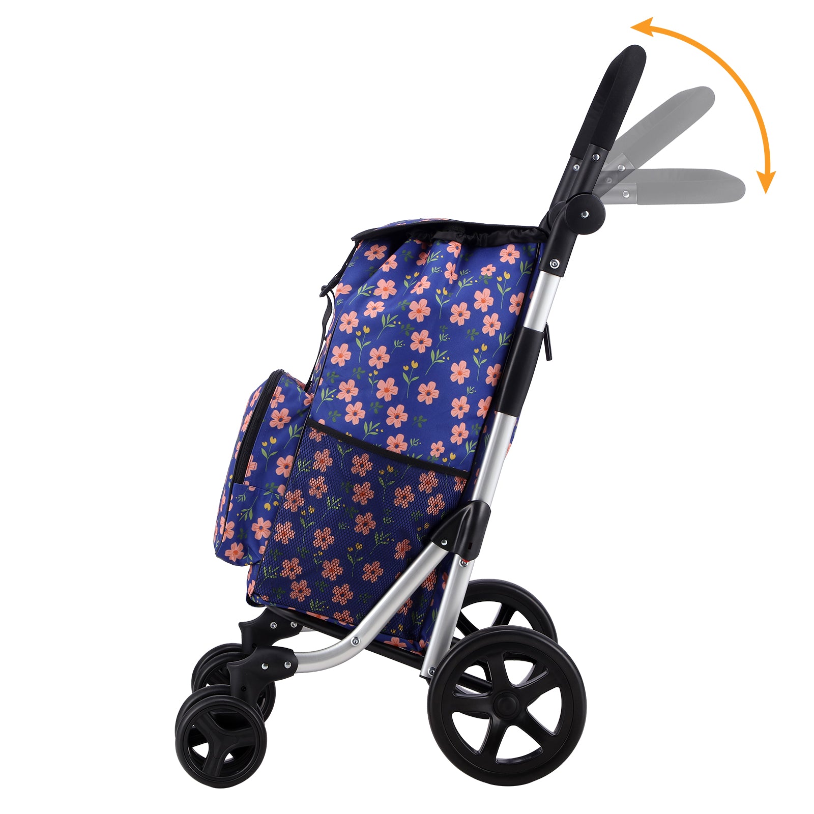 Packaway Boodschappentrolley met 4 wielen - boodschappenwagen deluxe met koelvak en verstelbaar handvat – 60 liter – Blue Blossom