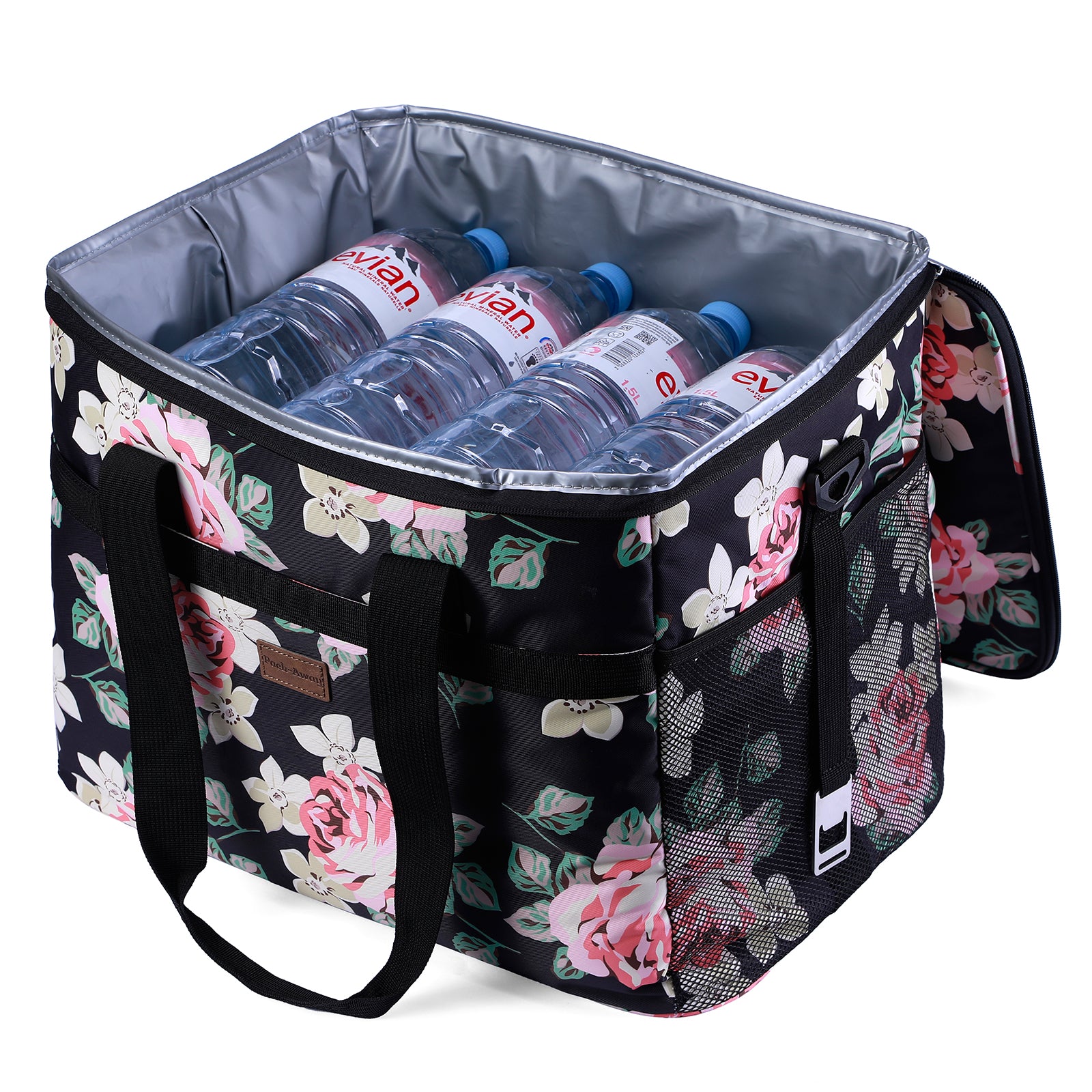 Cooler bag 40L black flower - lunch bag - foldable - 4-layer insulated - incl. 6 free cooling elements and carrying strap