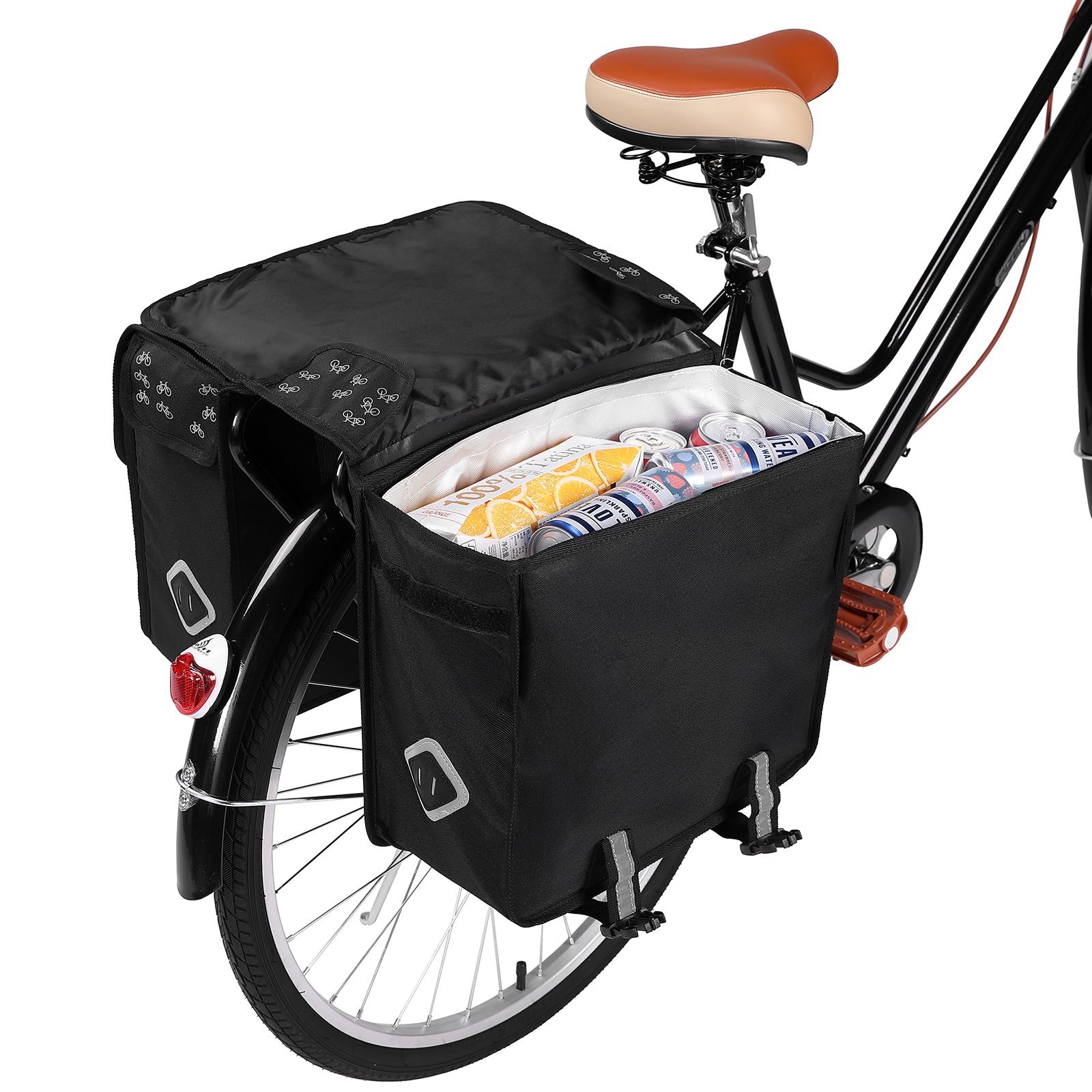Packaway Double Panniers with Cooler Compartment - Removable Cooler Bag - Waterproof - Bicycle Pattern - 36L - Black