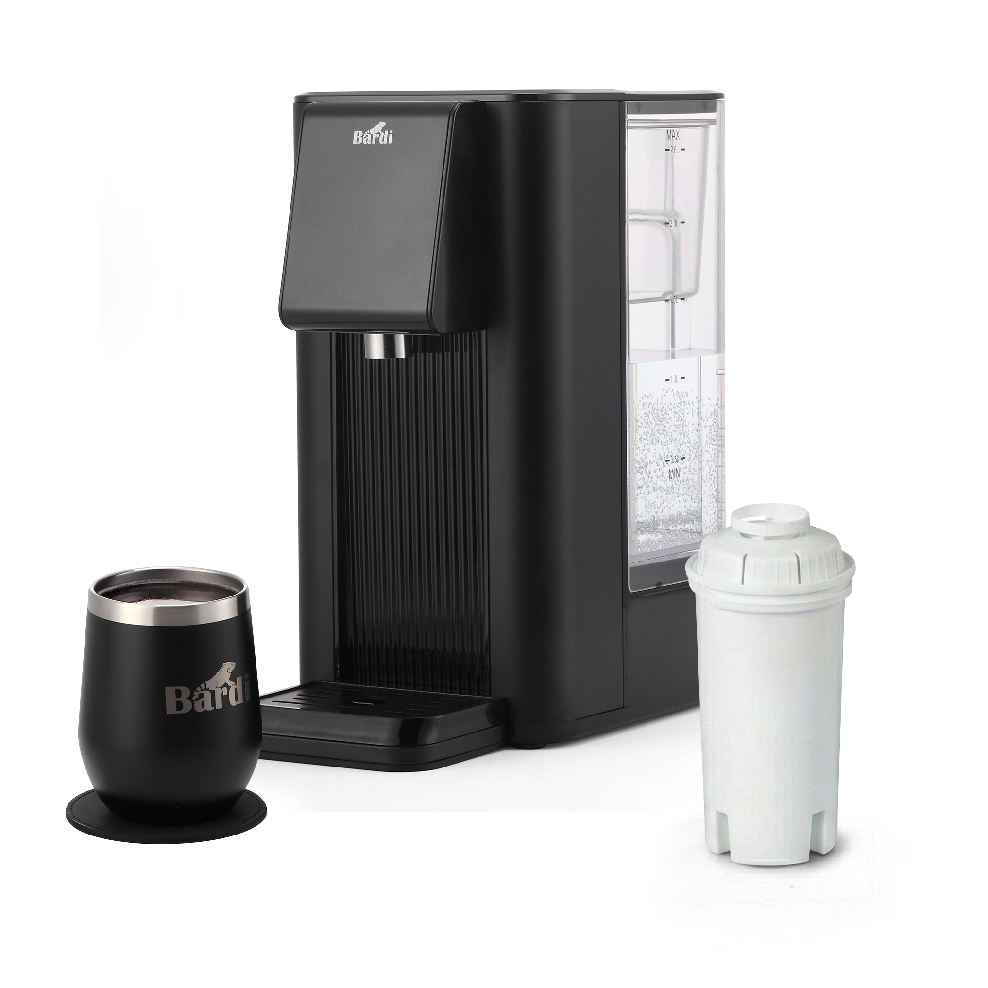 Bardi Heetwaterdispenser 2,6L zwart met STRIX filter - incl. thermoscup + onderzetter