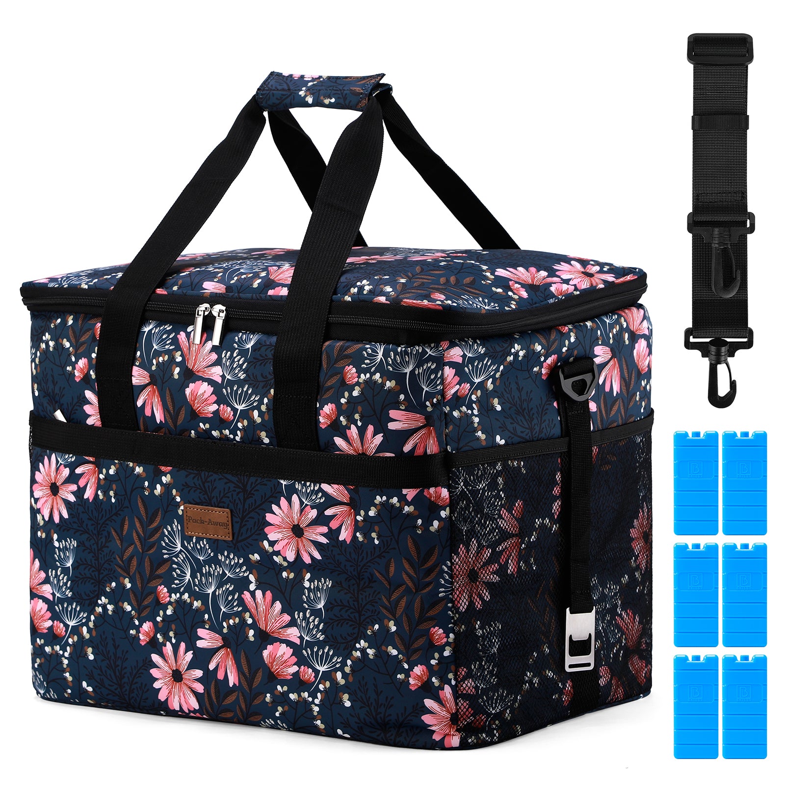 Cooler bag 40L Japanese flower - lunch bag - foldable - 4-layer insulated - incl. 6 free cooling elements and carrying strap