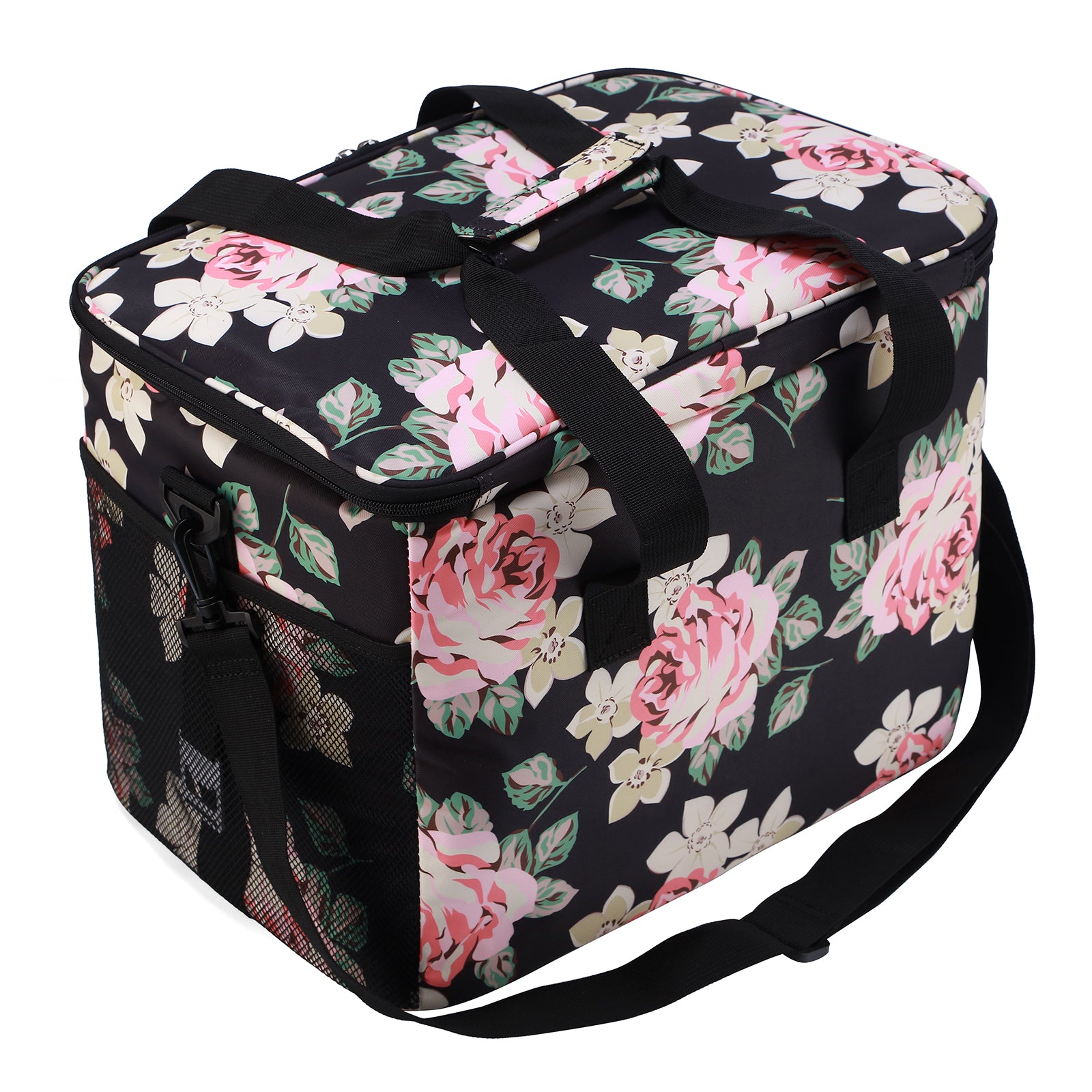 Cooler bag 30L black flower - lunch bag - foldable - 4-layer insulated - incl. 4 free cooling elements and carrying strap