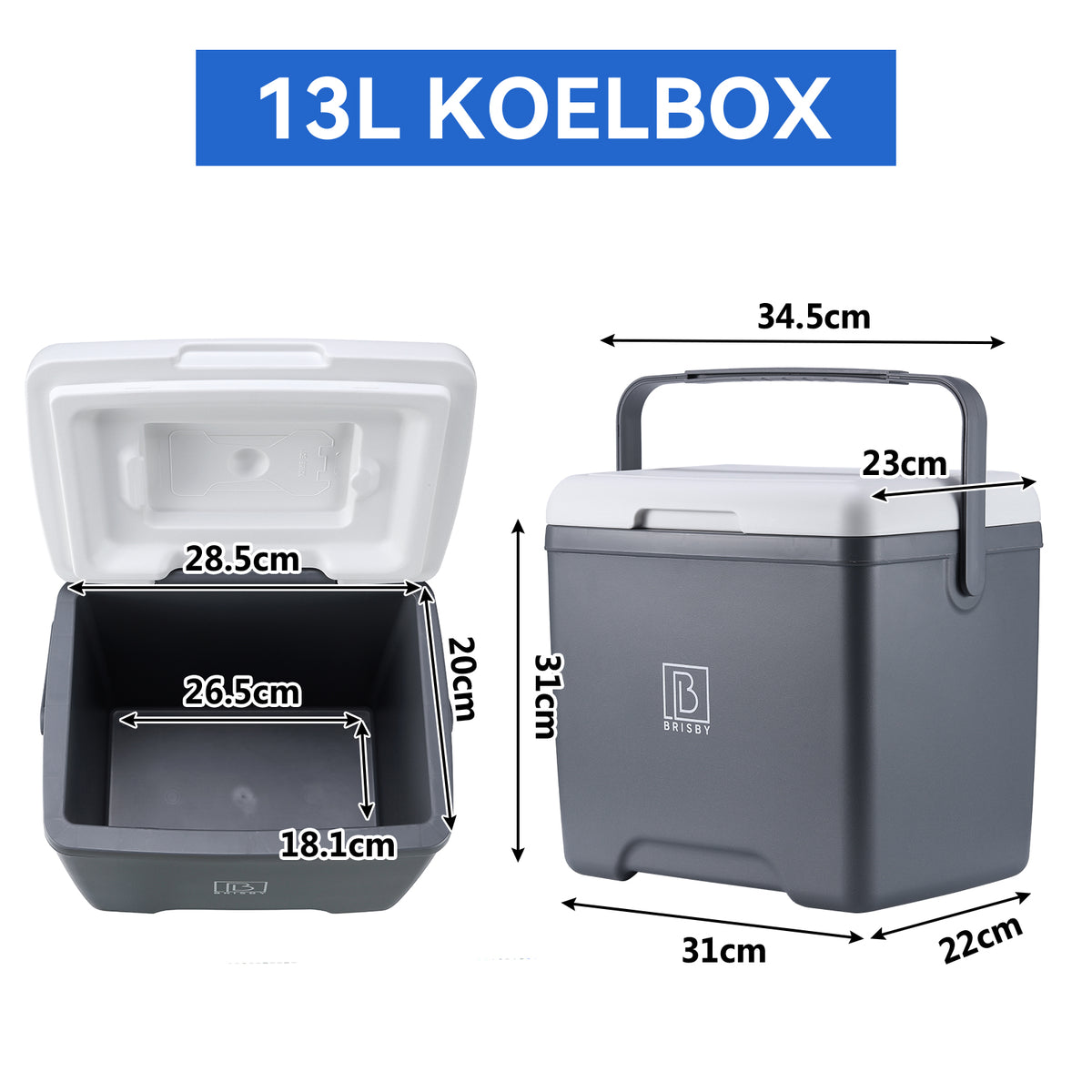 Brisby Koelbox - Frigobox - 13L- Grijs - Tot maximaal 40 uur isolatie - Incl. 2 dikke koelelementen van 450ml - Met koelelementen vergrendeld in deksel en Brisby 500ml Zwarte Dubbelwandige Thermosfles