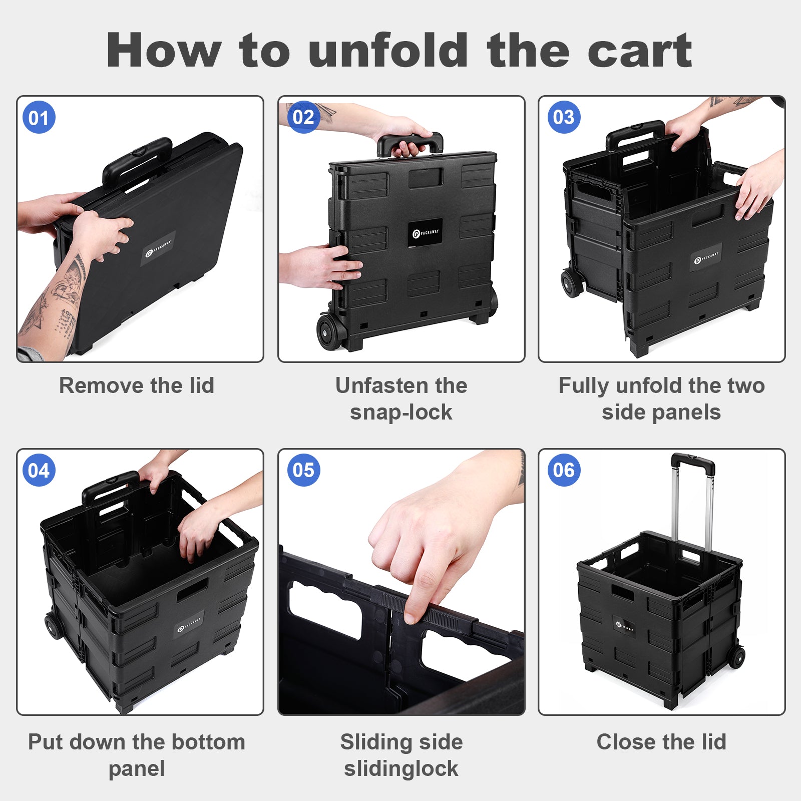 Packaway XL Foldable Shopping Trolley with wheels - Shopping crate - Storage box - Shopping trolley - Folding crate - 50 Liters - Black