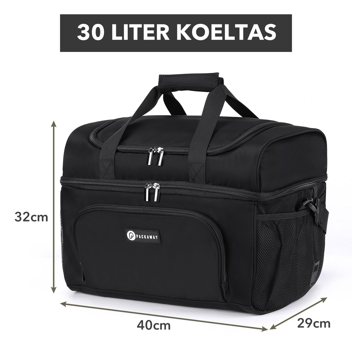 Packaway Koeltas 30L - Lunchtas - Inclusief 4 Koelelementen - Dubbel Compartiment - 4-Laags Geïsoleerd - Waterafstotend - Signature Black
