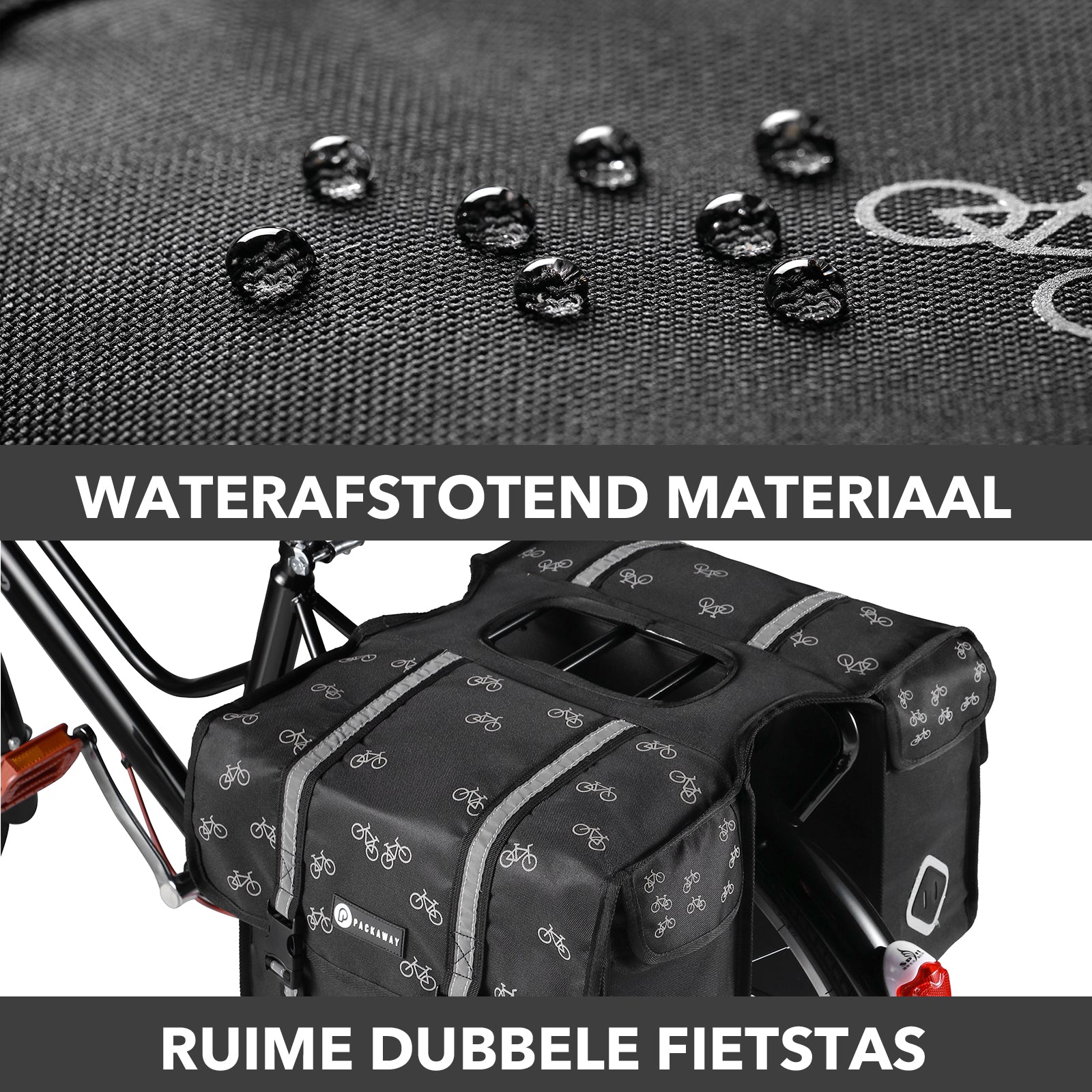 Packaway Double Panniers with Cooler Compartment - Removable Cooler Bag - Waterproof - Bicycle Pattern - 36L - Black