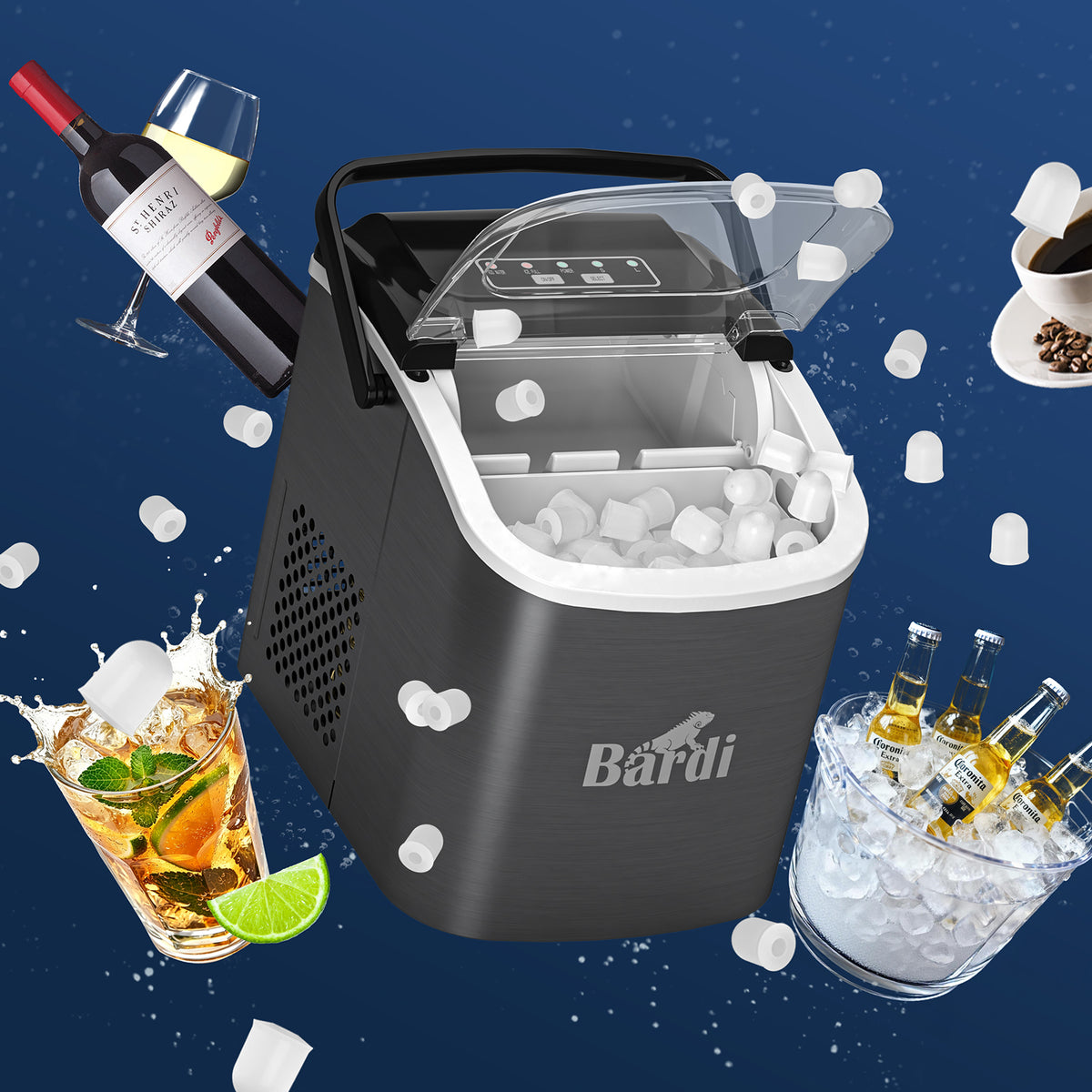 Bardi 1.2L Deluxe IJsblokjesmachine – IJsblokmaker Inclusief Luxe Thermosbeker en IJsschep – 9 Blokjes in 8 Minuten – Gunmetal Zwart