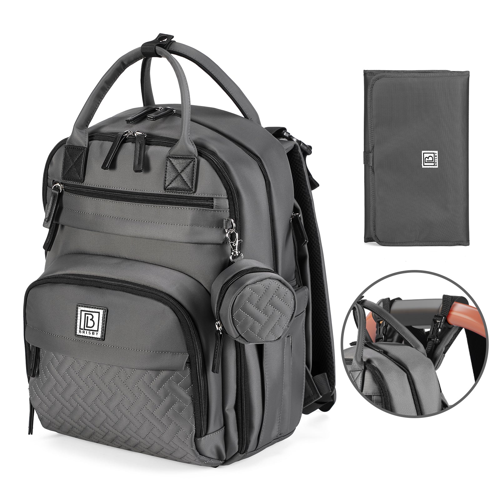 Premium luiertas donkergrijs - uitgebreide en functionele verzorgingstas - met buggymontage - anti diefstal vakken - reistrolley sleeve - incl. verschoonmatje en speenhouder - levenslange garantie