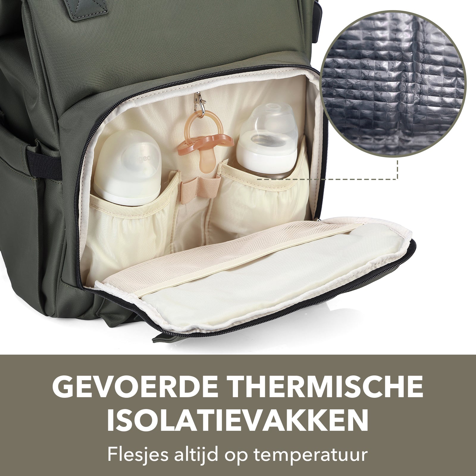 Stayopen changing bag green - nursing bag - stay-open frame - USB charging function - incl. buggy mounting and changing mat