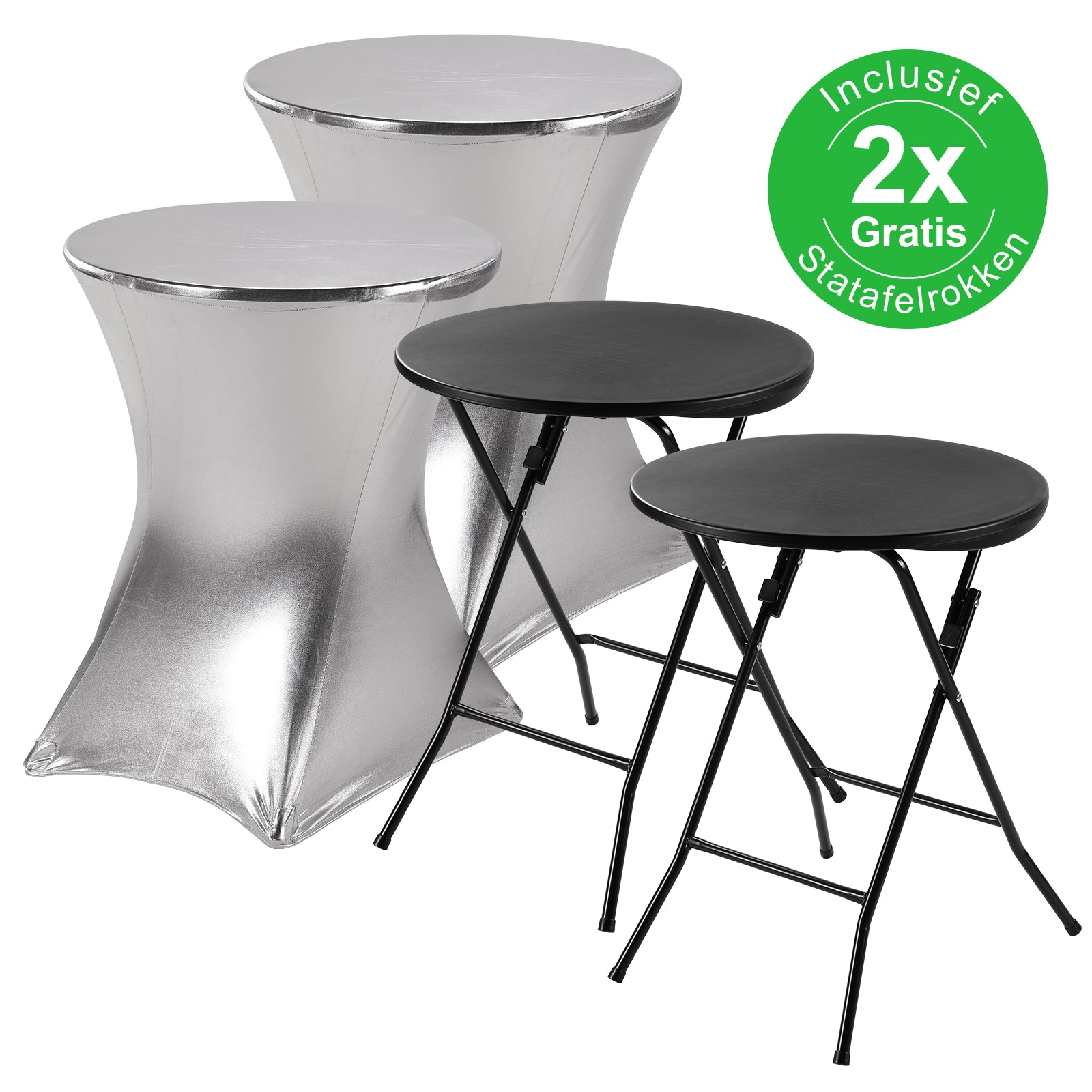 Bardi 2 x Salontafel - Bijzettafel Inklapbaar 60 x 74cm - Zwart inclusief Zilveren Rokken