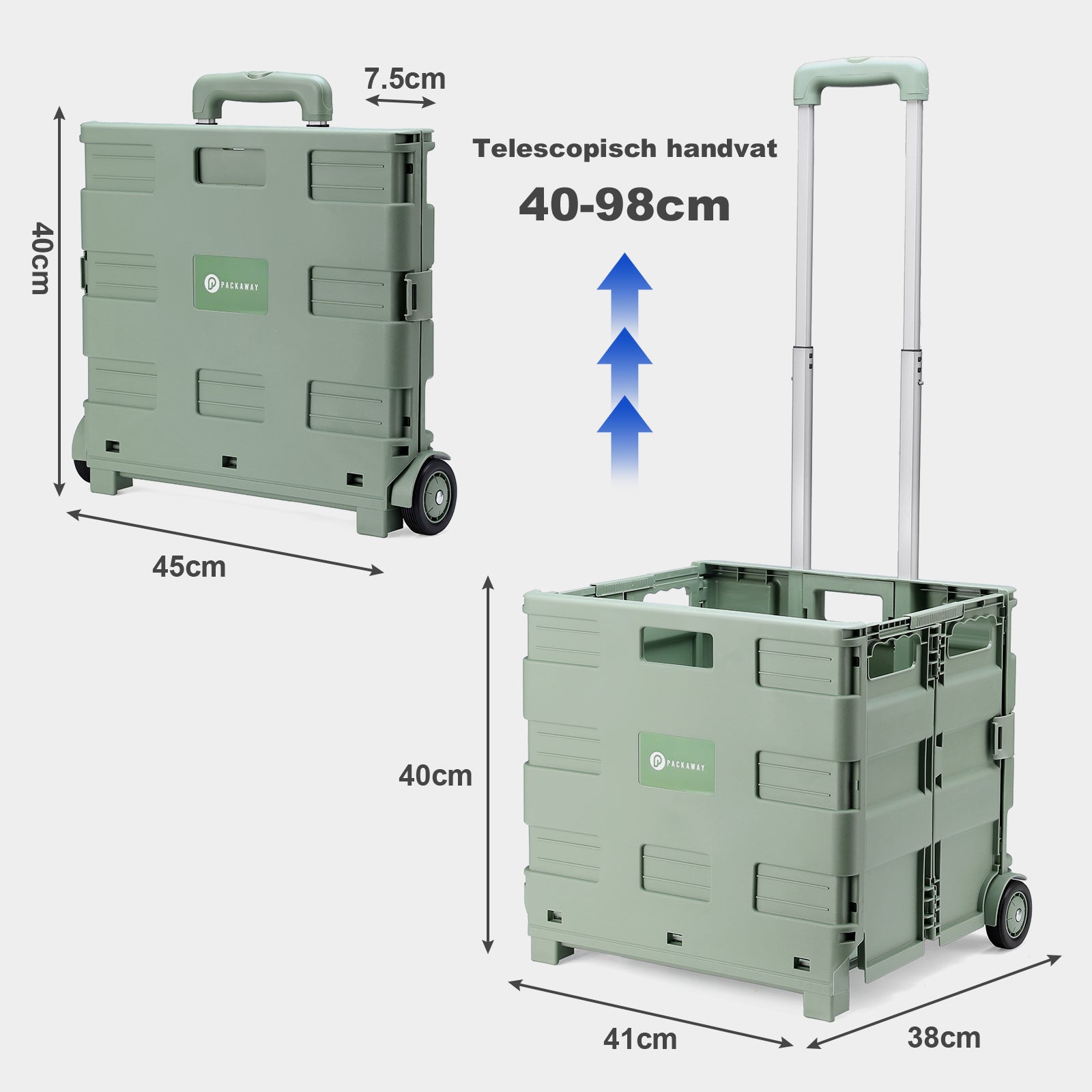 Packaway XL Foldable Shopping Trolley with wheels - Shopping crate - Storage box - Shopping trolley - Folding crate - 50 Liters - Green