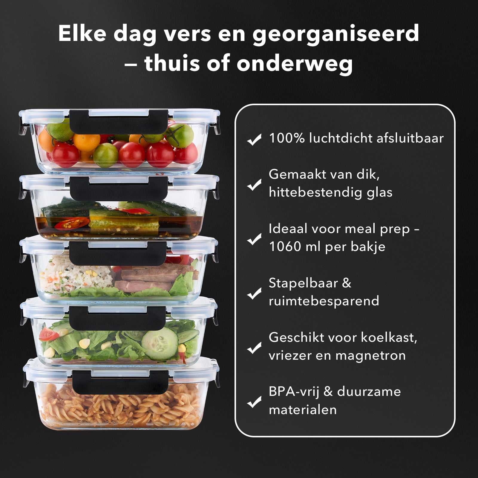 BARDI 10 Delige Glazen Meal Prep Bakjes + 10 Wonderspons – Glazen Vershoudbakjes – Luchtdicht – BPA-vrij – 1060ML + 370ML – Zwarte Clips