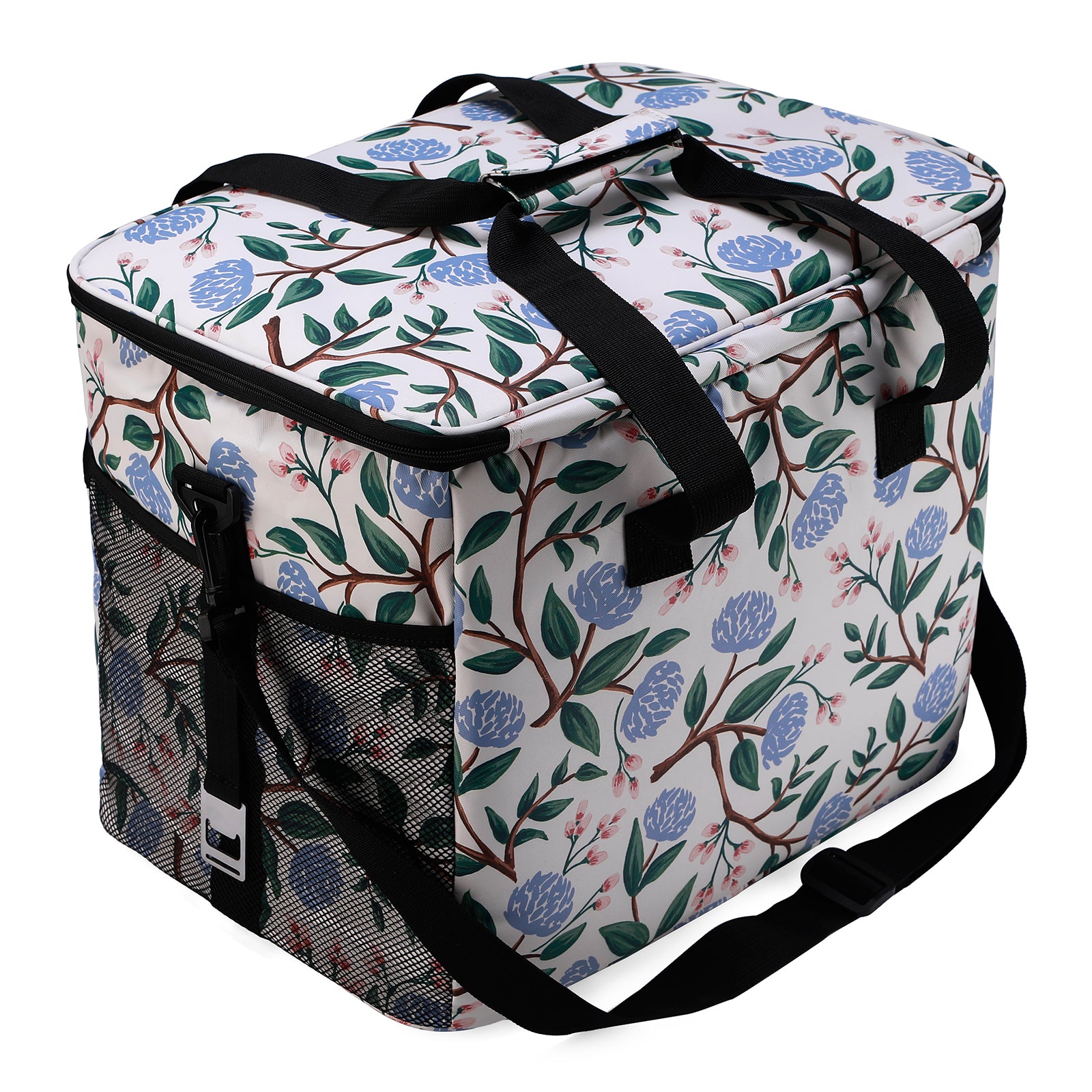 Cooler bag 40L white flower - lunch bag - foldable - 4-layer insulated - incl. 6 free cooling elements and carrying strap