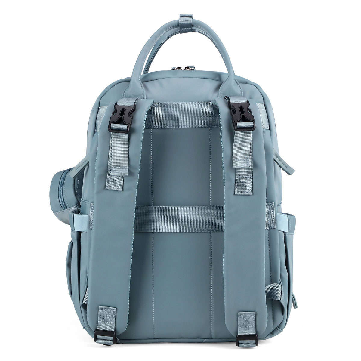 Brisby Premium Luiertas – Uitgebreide en Functionele Verzorgingstas – met buggymontage – Anti Diefstal Vakken - Reistrolley Sleeve - Inclusief verschoonmatje t.w.v.15,99 euro en speenhouder - Levenslange Garantie - Misty Blue