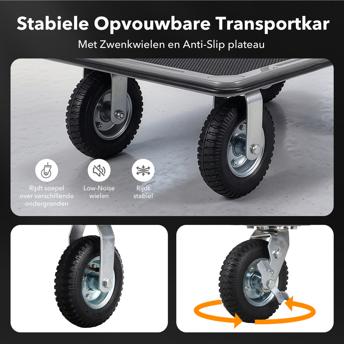 Packaway Professionele Opvouwbare Transportwagen 350 kg – Transportkar met Rubberen Luchtbanden – Rem – Antislip Laadplateau
