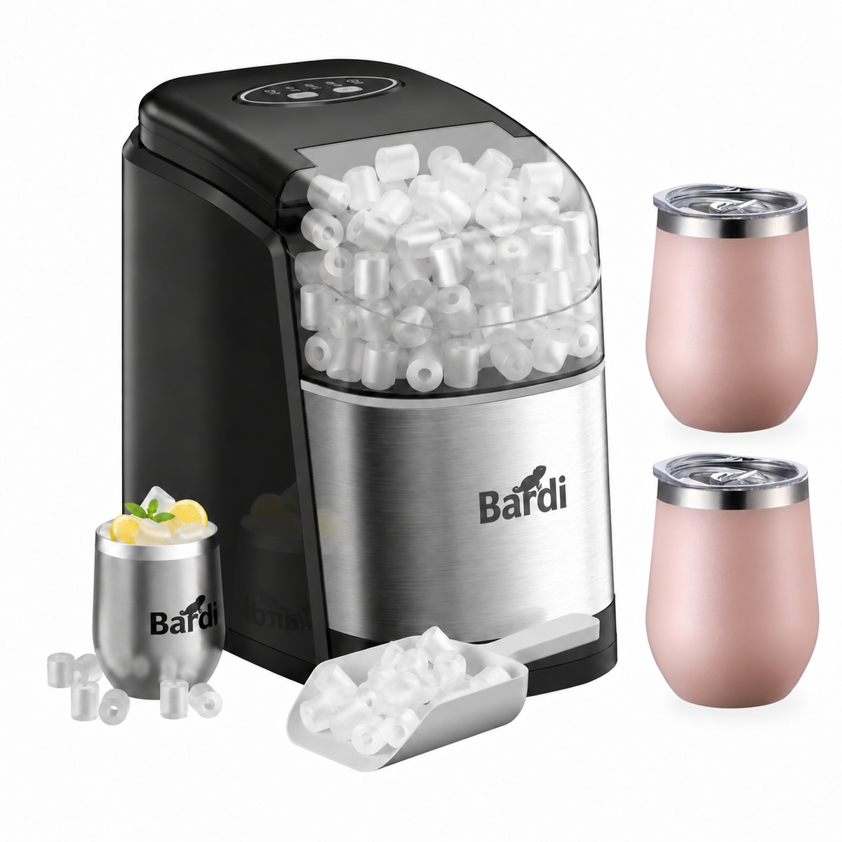 Bardi IJsblokjesmachine set 1,6L RVS - incl. 3 thermoscups roze en ijsschep