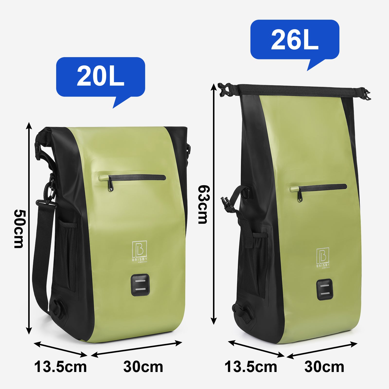 3 in 1 waterproof rolltop bicycle bag set 40-52L green - reflective - high visibility - bicycle bag - backpack - shoulder bag