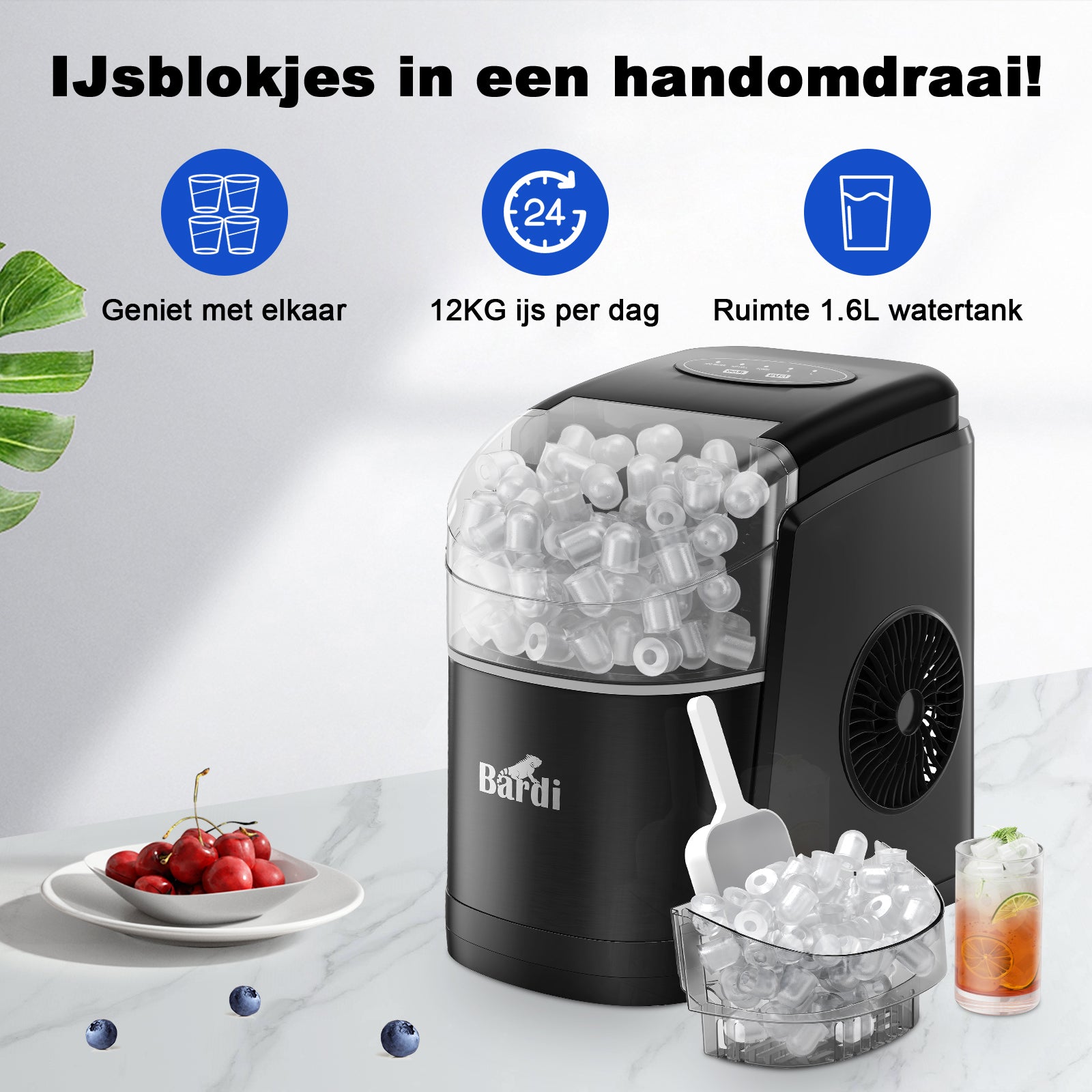 Bardi Deluxe Ice Cube Machine 1.6L black - Self-cleaning function - ice cube maker with ice scoop - Incl. luxury thermos cup and ice scoop