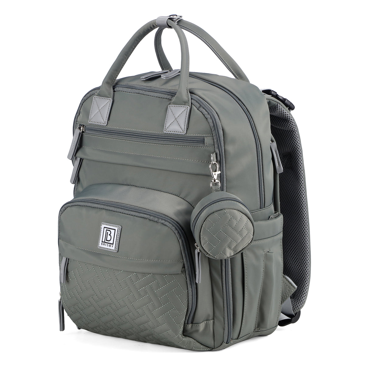 Brisby Premium Luiertas – Uitgebreide en Functionele Verzorgingstas – met buggymontage – Anti Diefstal Vakken - Reistrolley Sleeve - Inclusief verschoonmatje t.w.v.15,99 euro en speenhouder - Levenslange Garantie - Misty Green