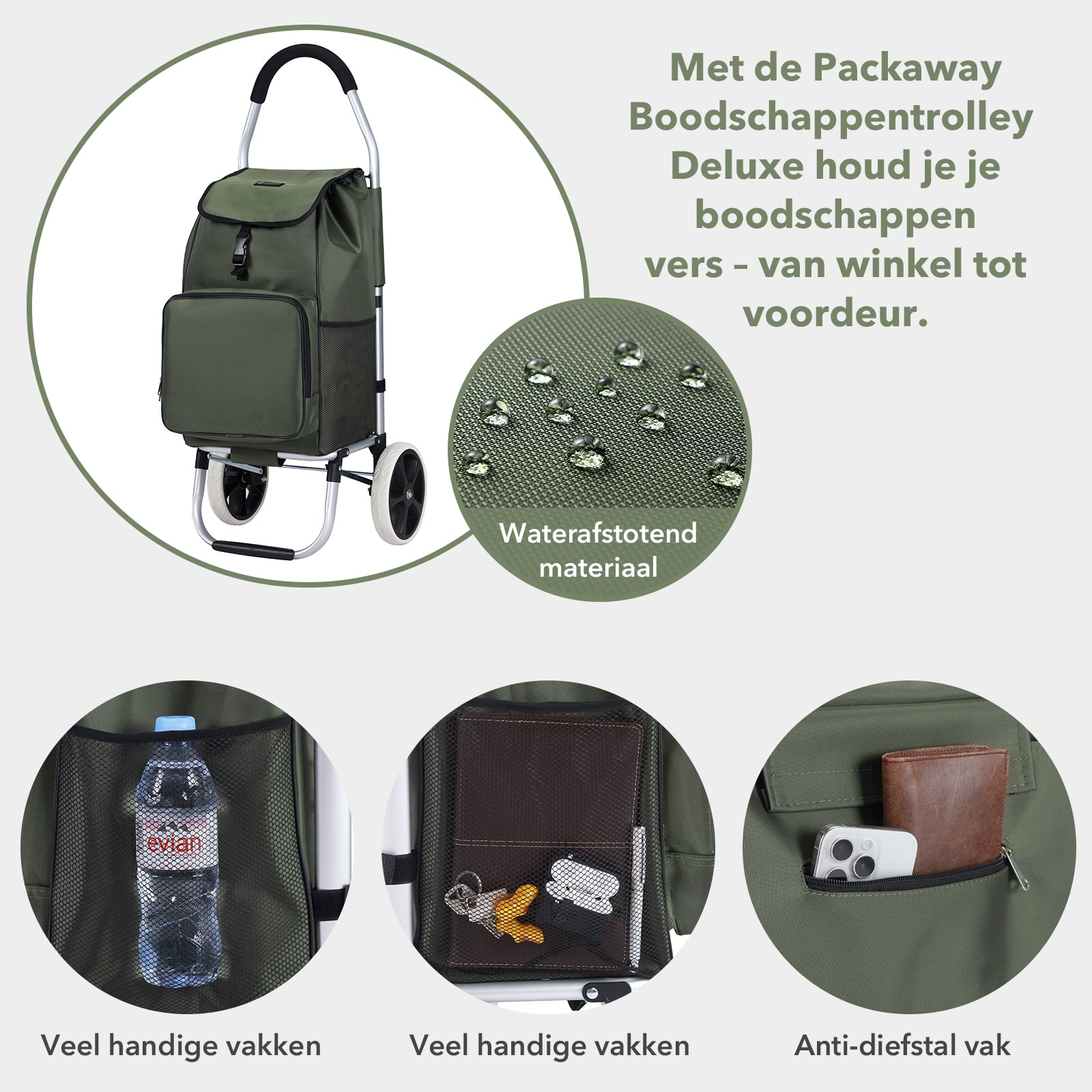 Boodschappentrolley Deluxe 50L met koelvak groen - boodschappenwagen - steekwagenfunctie