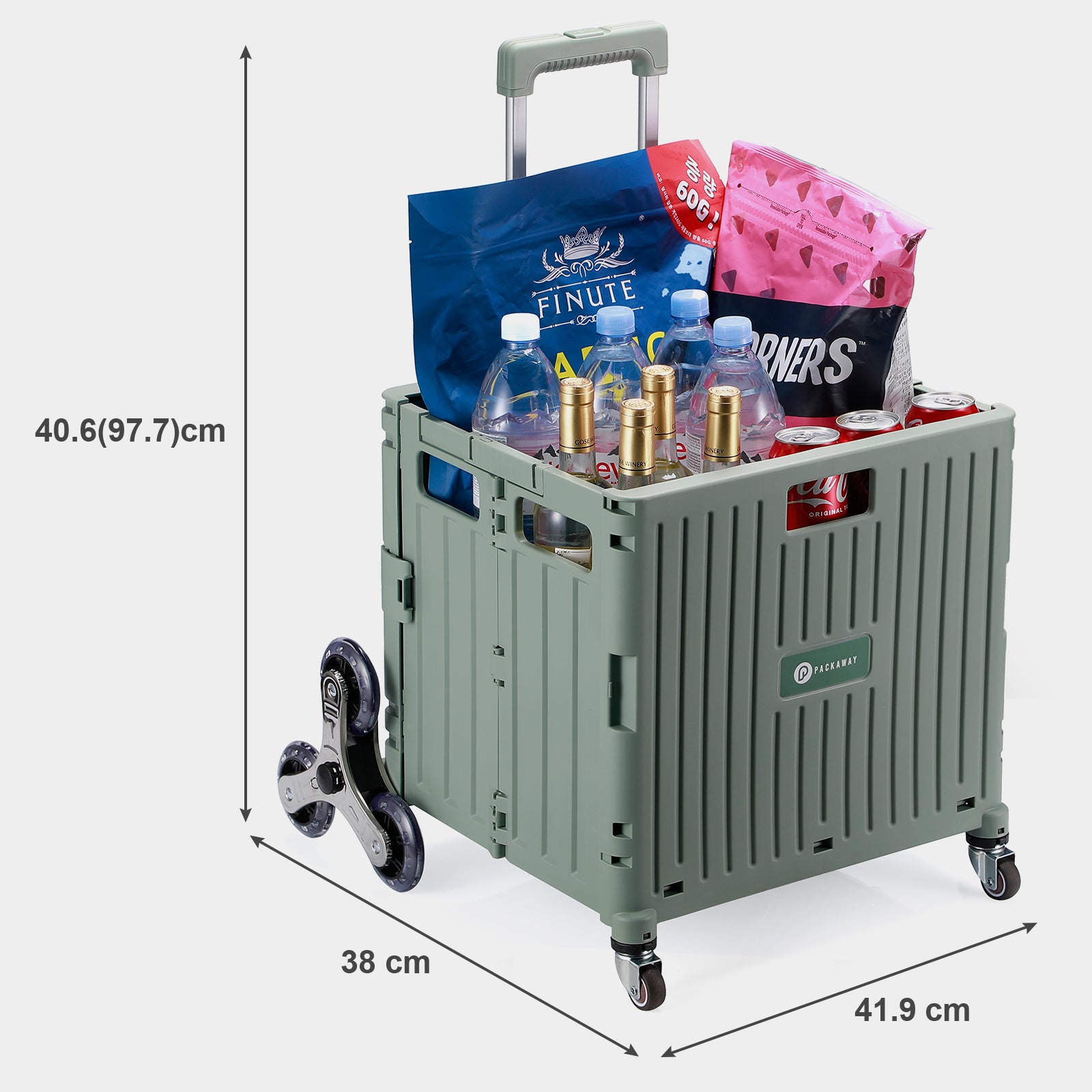 Shopping trolley 50L XL with green pedal wheels - shopping crate - 35 kg load capacity - with lid and telescopic handle