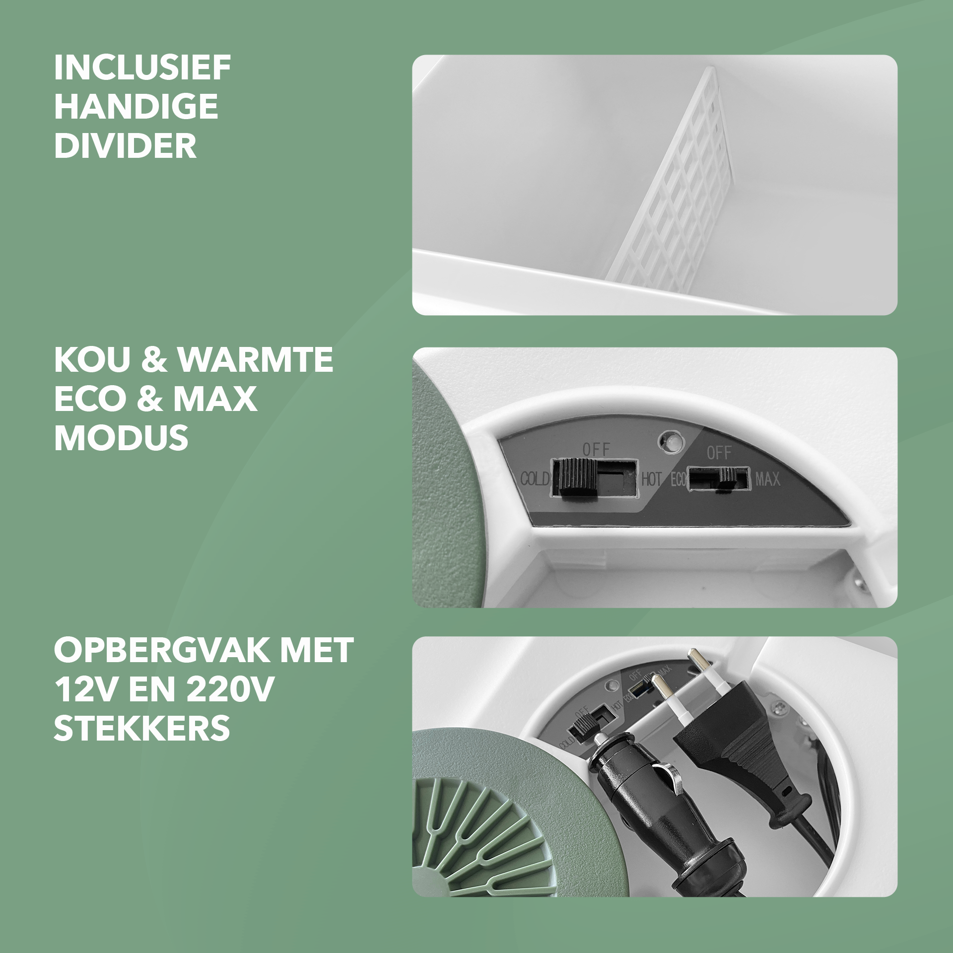 Elektrische koelbox 40L groen SET - Incl. 8L passieve koelbox - incl. divider en koelelementen - AC/DC 12V, 220/230V