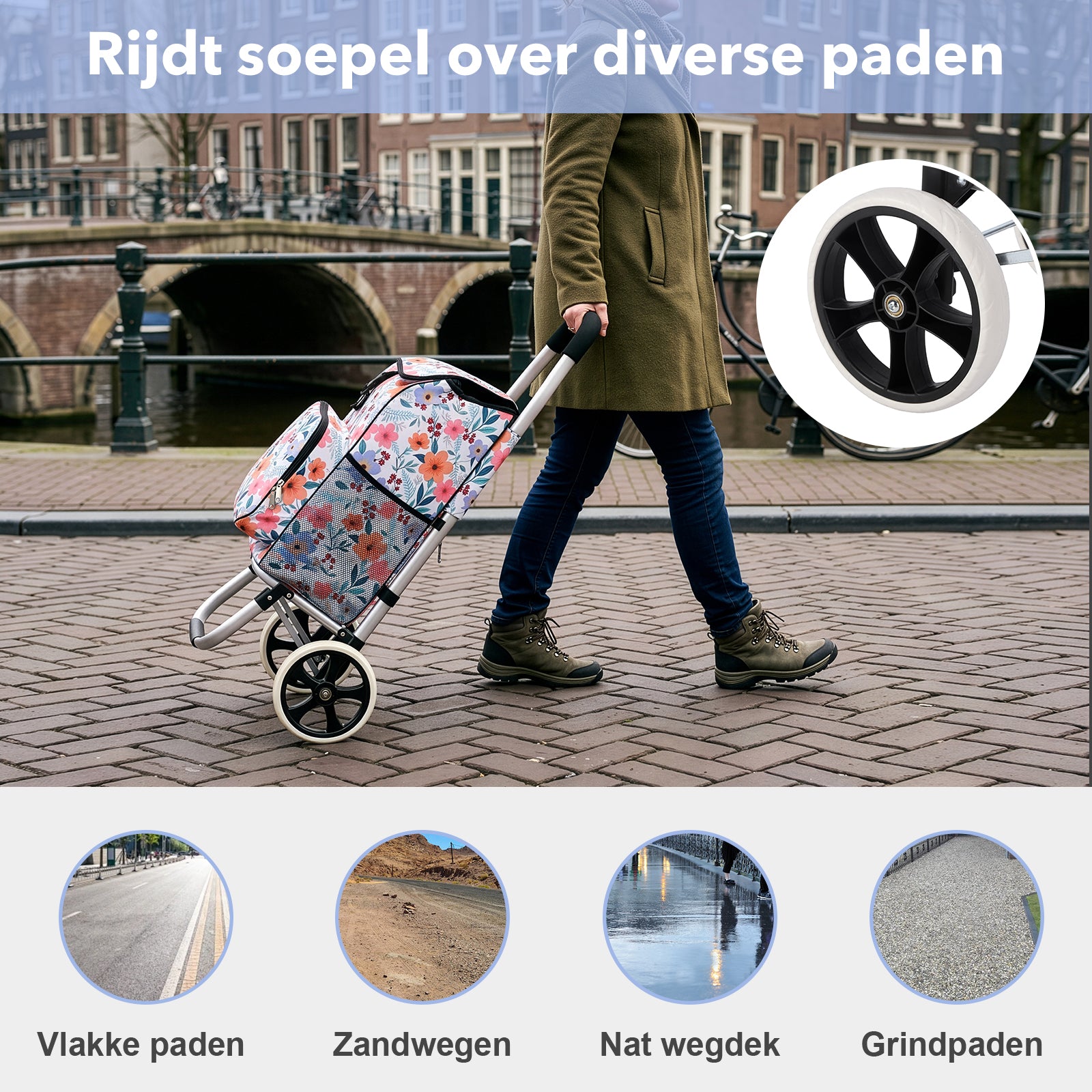 Packaway Boodschappentrolley 45L met Koelvak - Boodschappenwagen met Grote Wielen - Steekwagenfunctie - Waterafstotend - Pastel Blossom