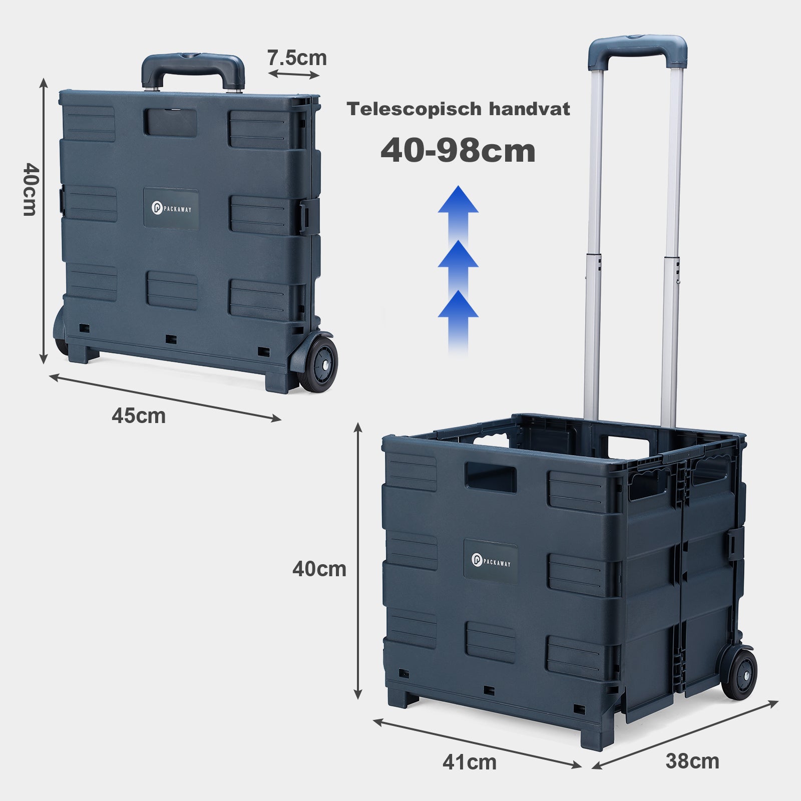 Packaway XL Foldable Shopping Trolley with wheels - Shopping crate - Storage box - Shopping trolley - Folding crate - 50 Liters - Blue