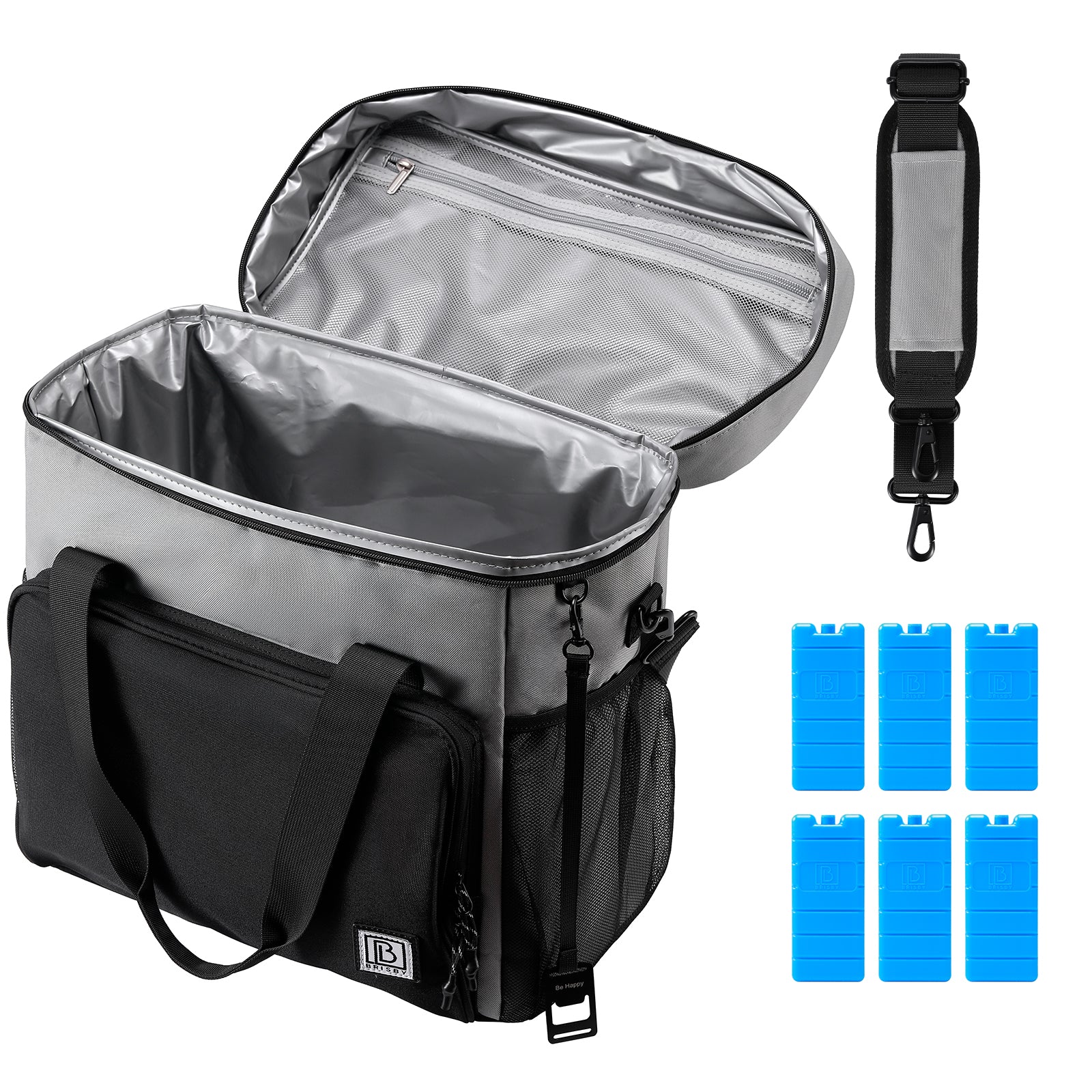 Cooler bag 40L black/grey with grey interior - Lunch bag - 4-layer insulated - 6 free cooling elements - incl. shoulder strap