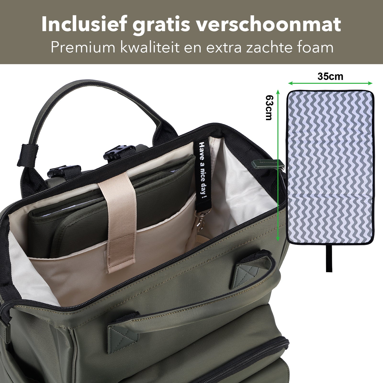 Stayopen luiertas groen - Verzorgingstas - stay-open frame - USB oplaadfunctie - incl. buggymontage en verschoonmat