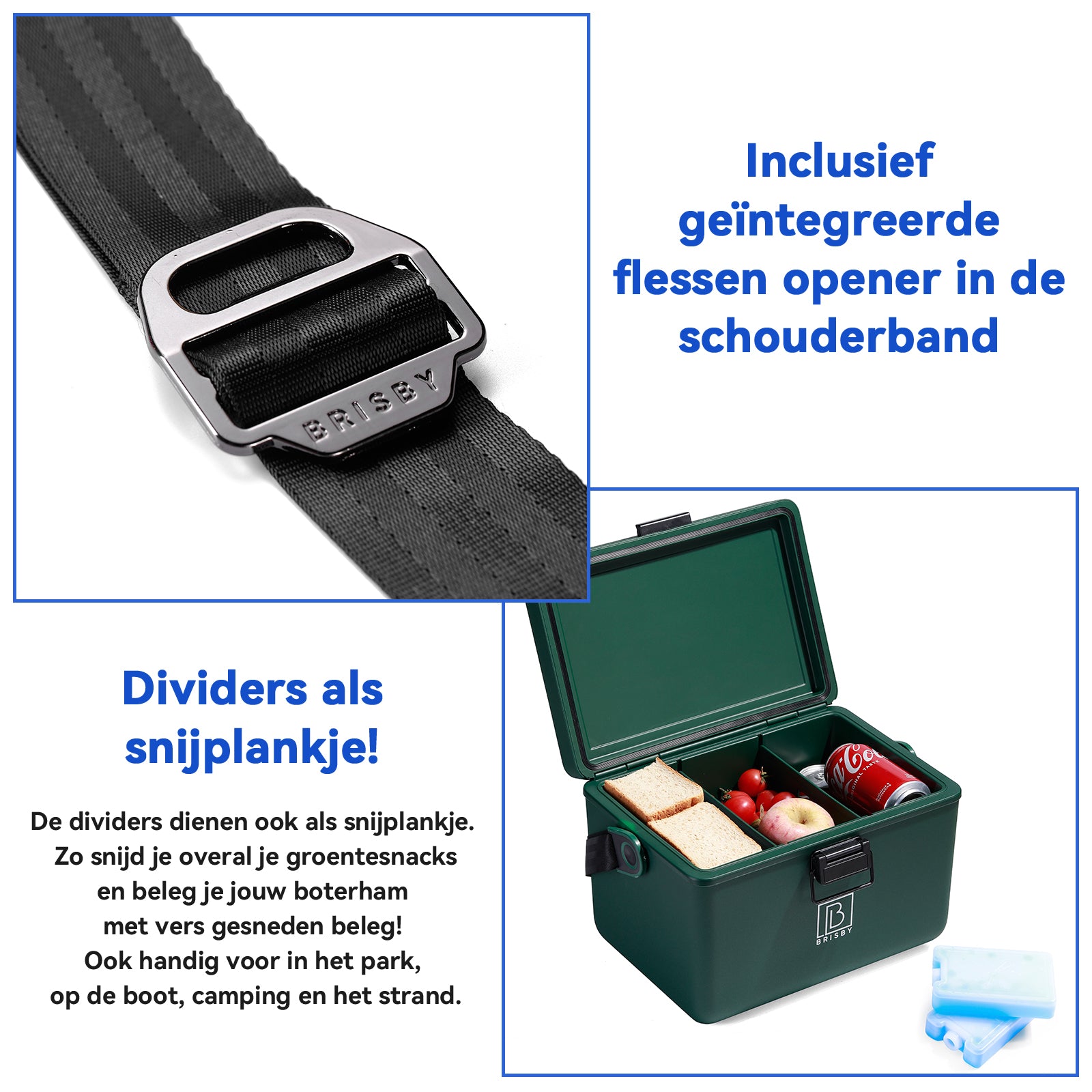 Koelbox 12L met draagband groen - Dividers - snijplanken - tot maximaal 40 uur isolatie - incl. 2 koelelementen van 200ml