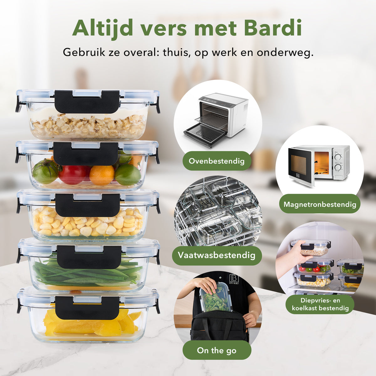 Bardi 5-delige set glazen vershoudbakjes 1060ml - oven- magnetron- en vriezerbestendig, incl. 10 wondersponsen