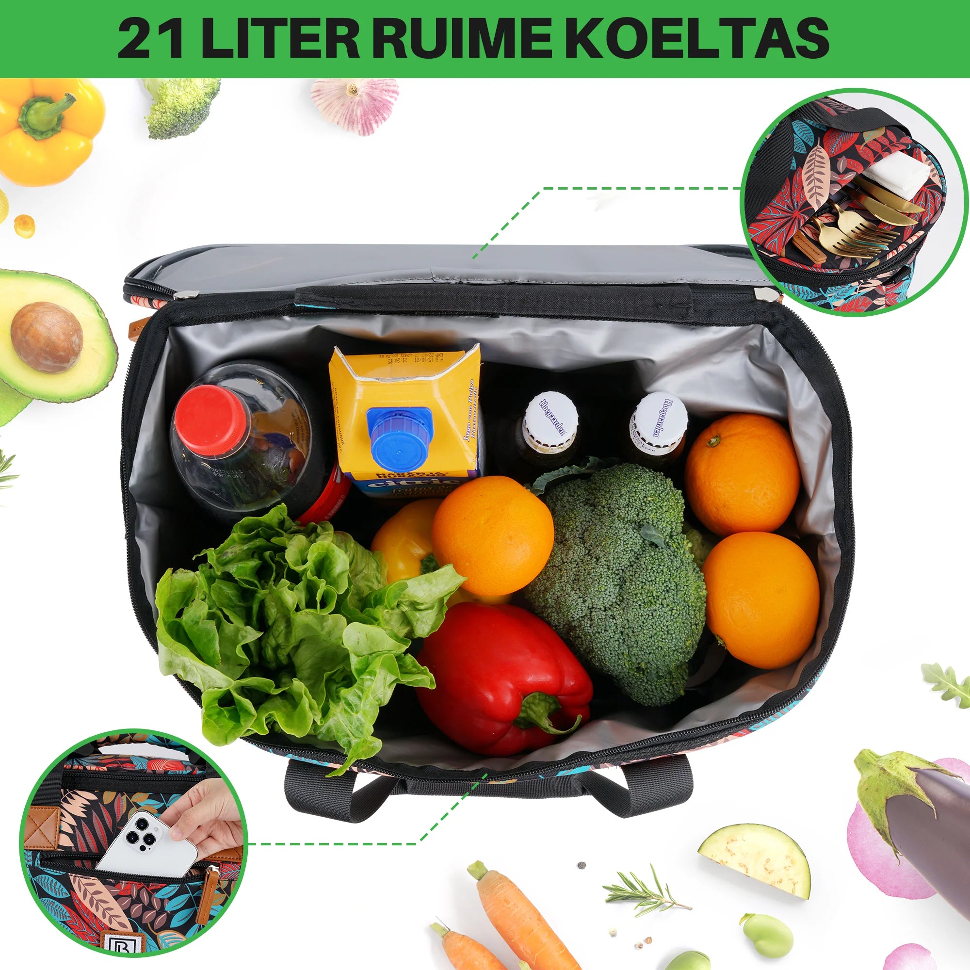 Cooler bag 21L jungle - Shopping bag - 4-layer insulated - 2 free cooling elements - incl. shoulder strap